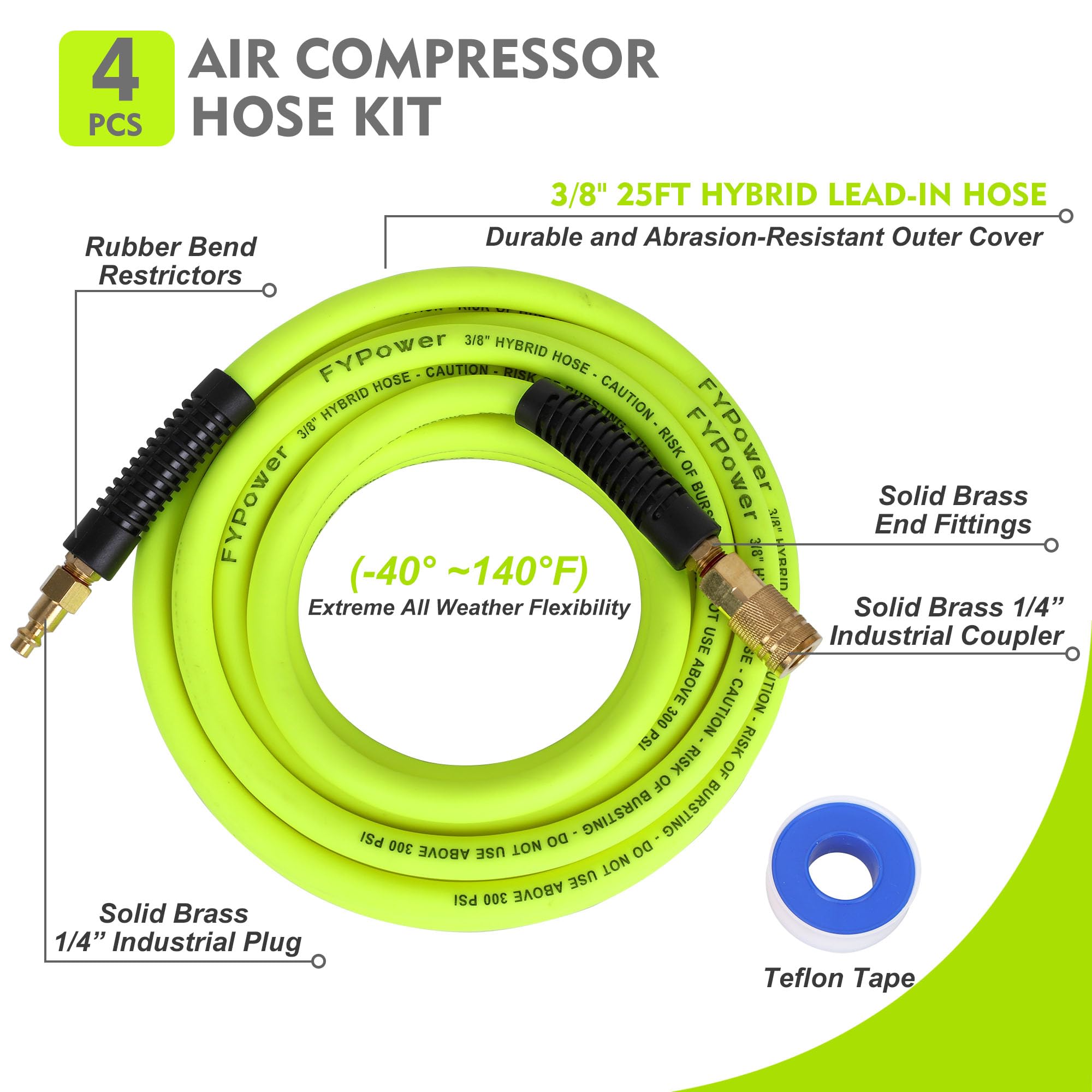 FYPower air hose 38-inch kink-resistant design reduces tangling during use.