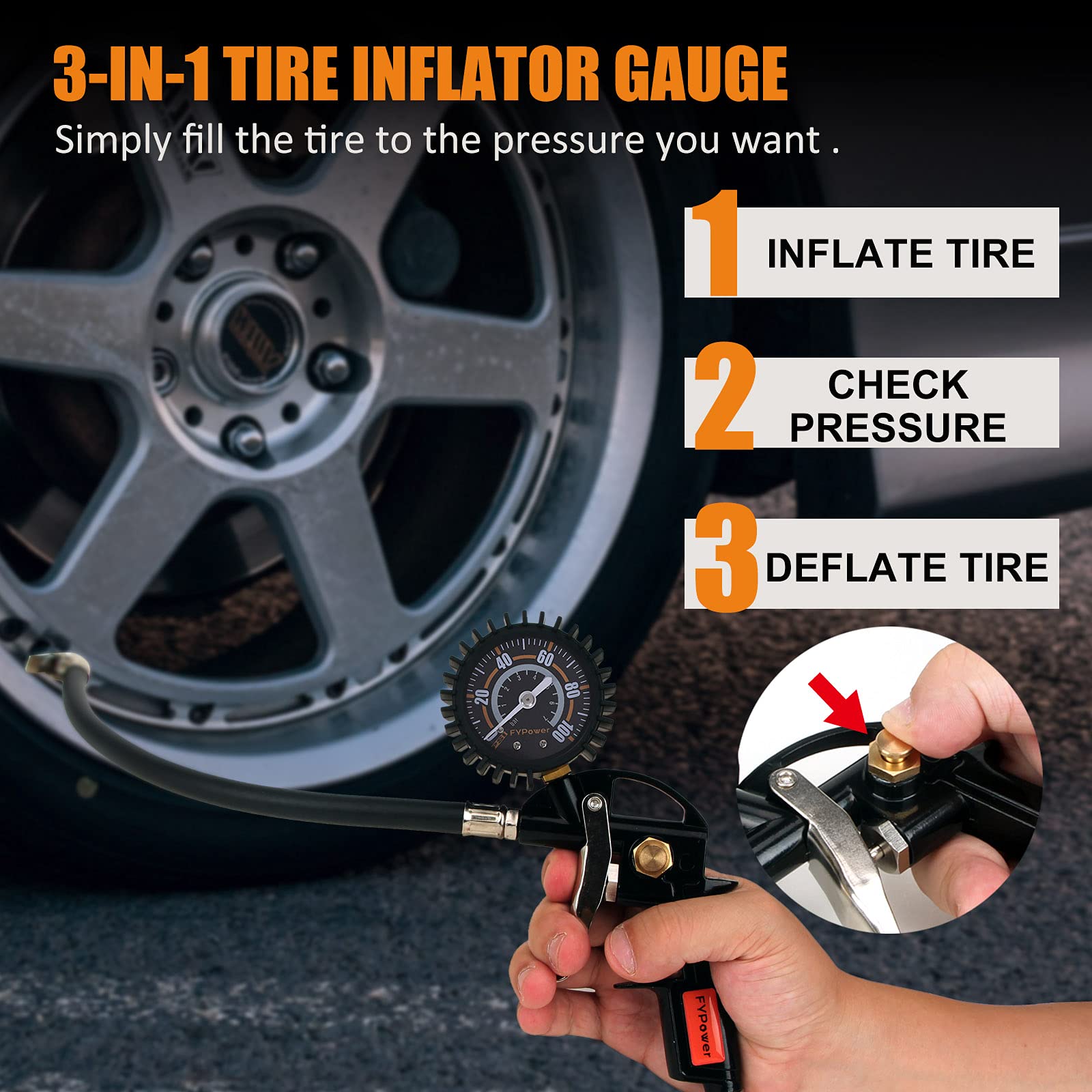 FYPower tire inflator gauge for accurate PSI readings and quick checks