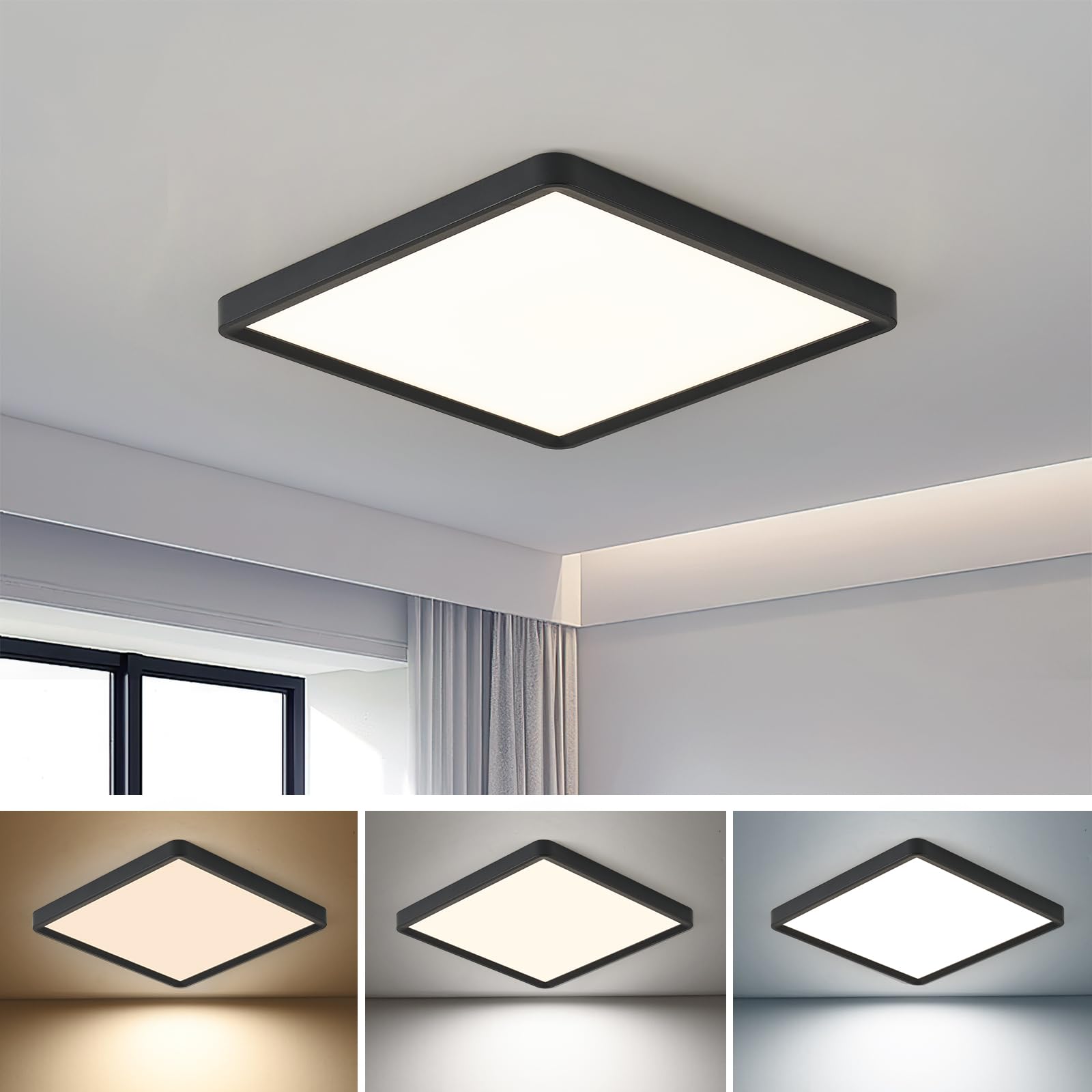 FY Wisdom Fly Lighting 16in square flush mount front view showcases modern black finish.