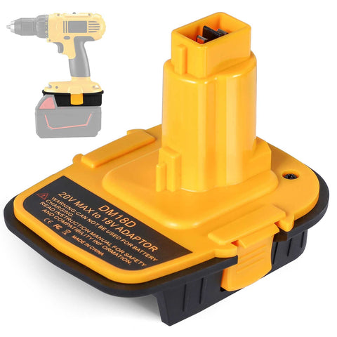 Fybemax DM18D adapter showing DeWalt 18V compatibility with 20V and Milwaukee batteries