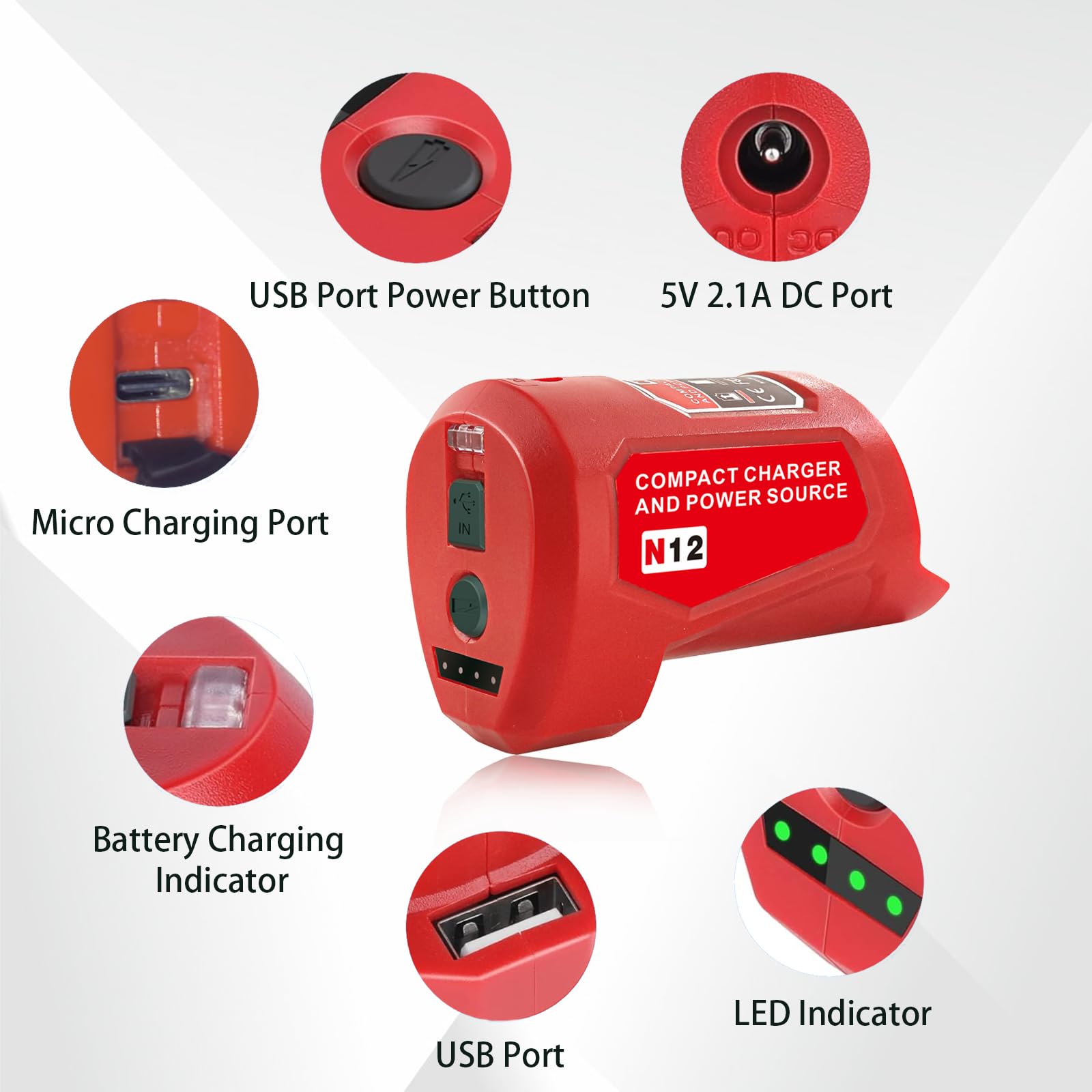 Fybemax M12 adapter compatible with Milwaukee batteries across models.