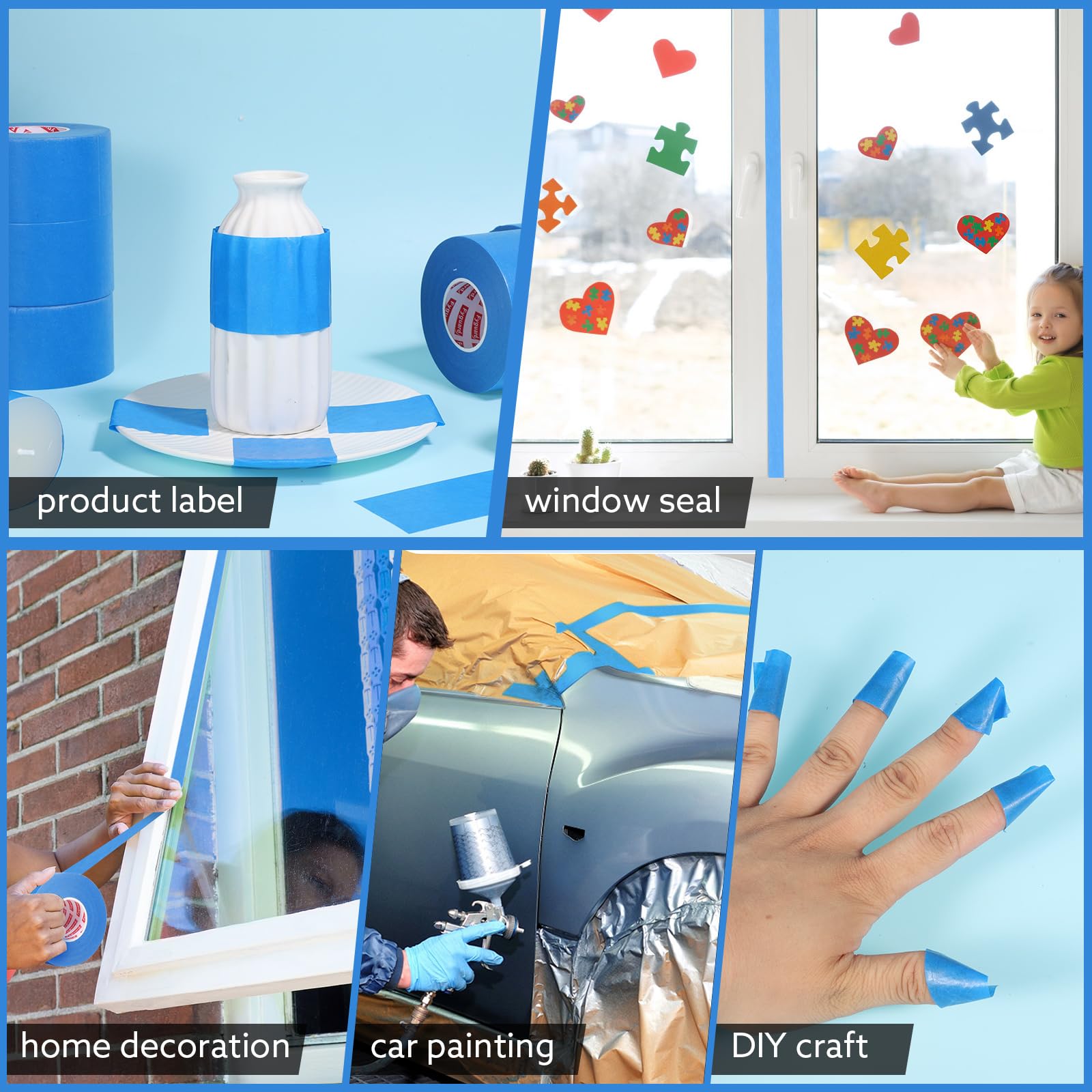 Fyguard blue painter's tape shown on walls, tiles, and decorative boards