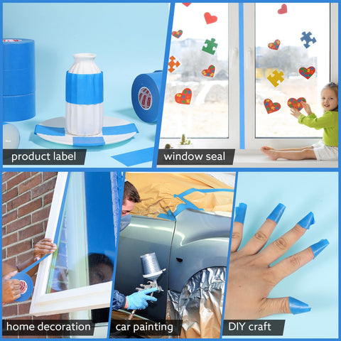 Fyguard blue painter's tape shown on walls, tiles, and decorative boards