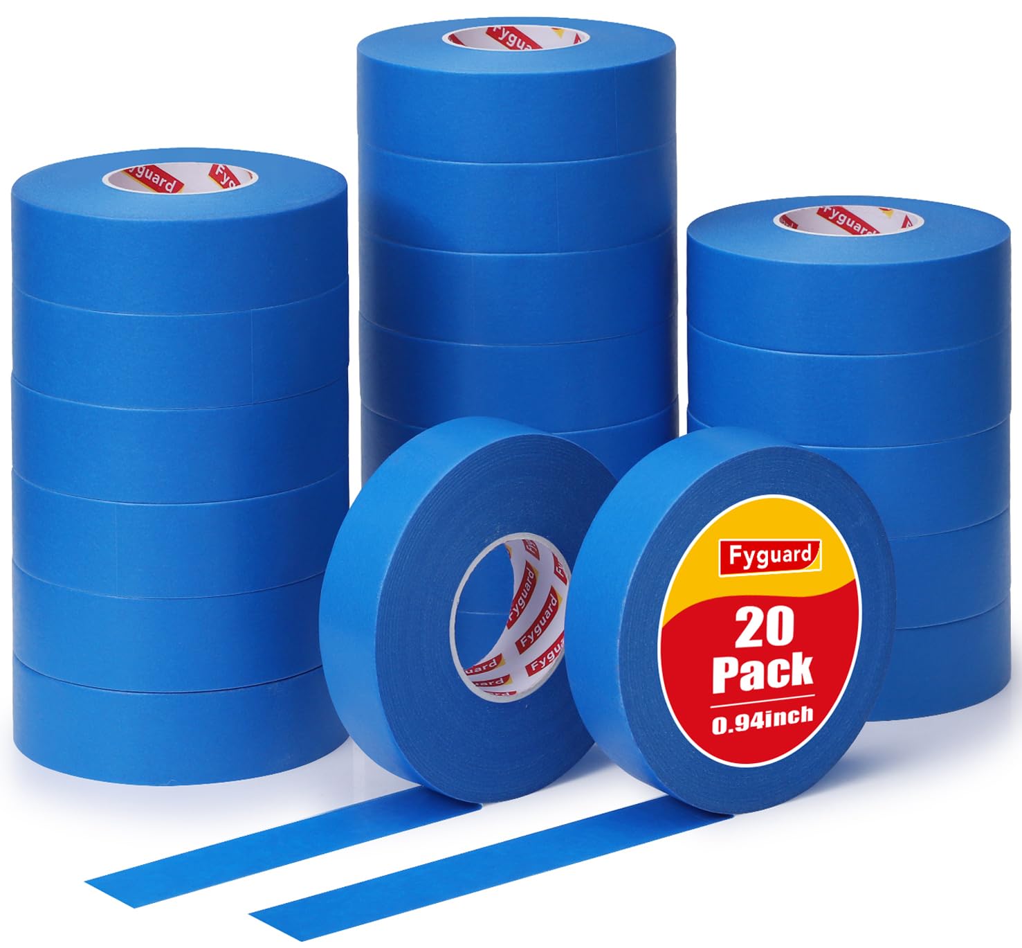 Fyguard blue painters tape 1in wide rolls for precise edge masking.