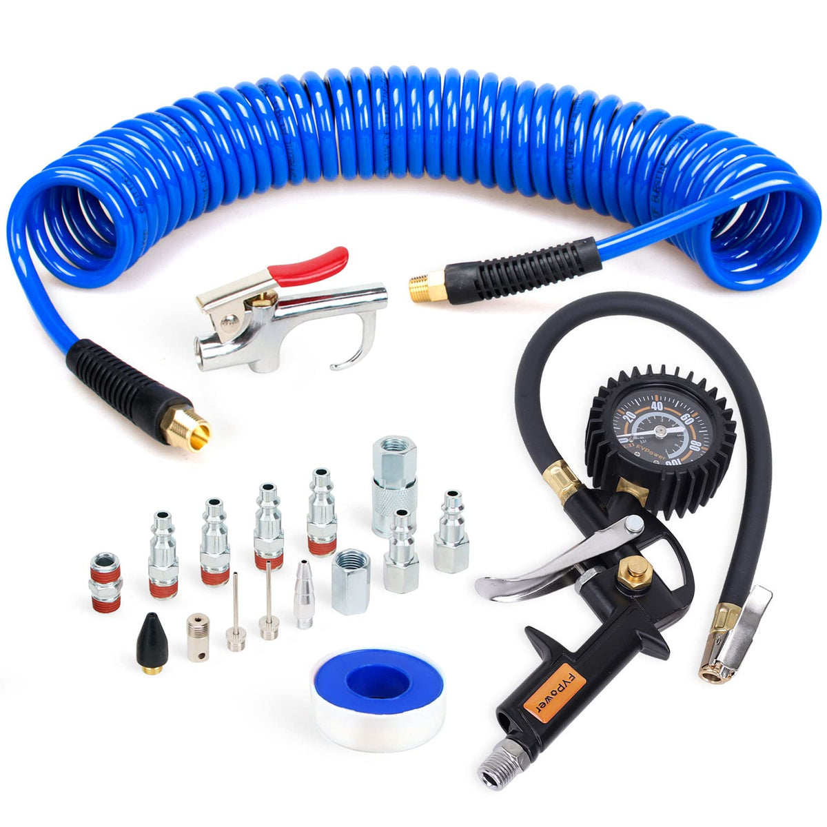 FYPower 18-piece kit hose and gauge for precise tire inflation.
