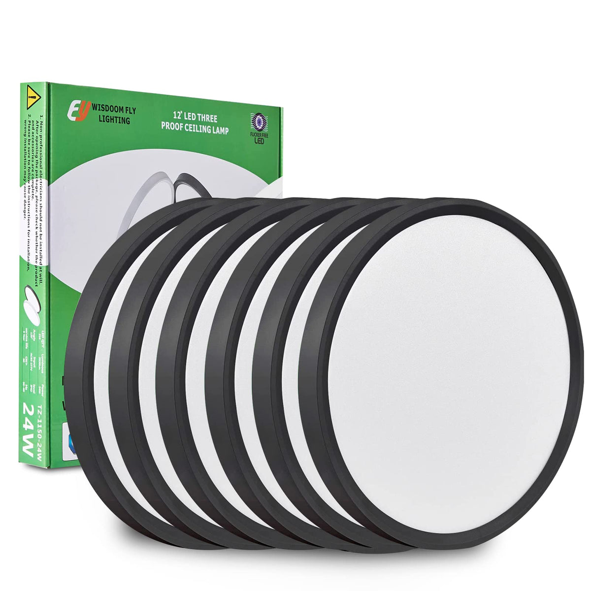 FY WISDOM FLY LIGHTING 12-inch flush-mount black front view for even illumination.