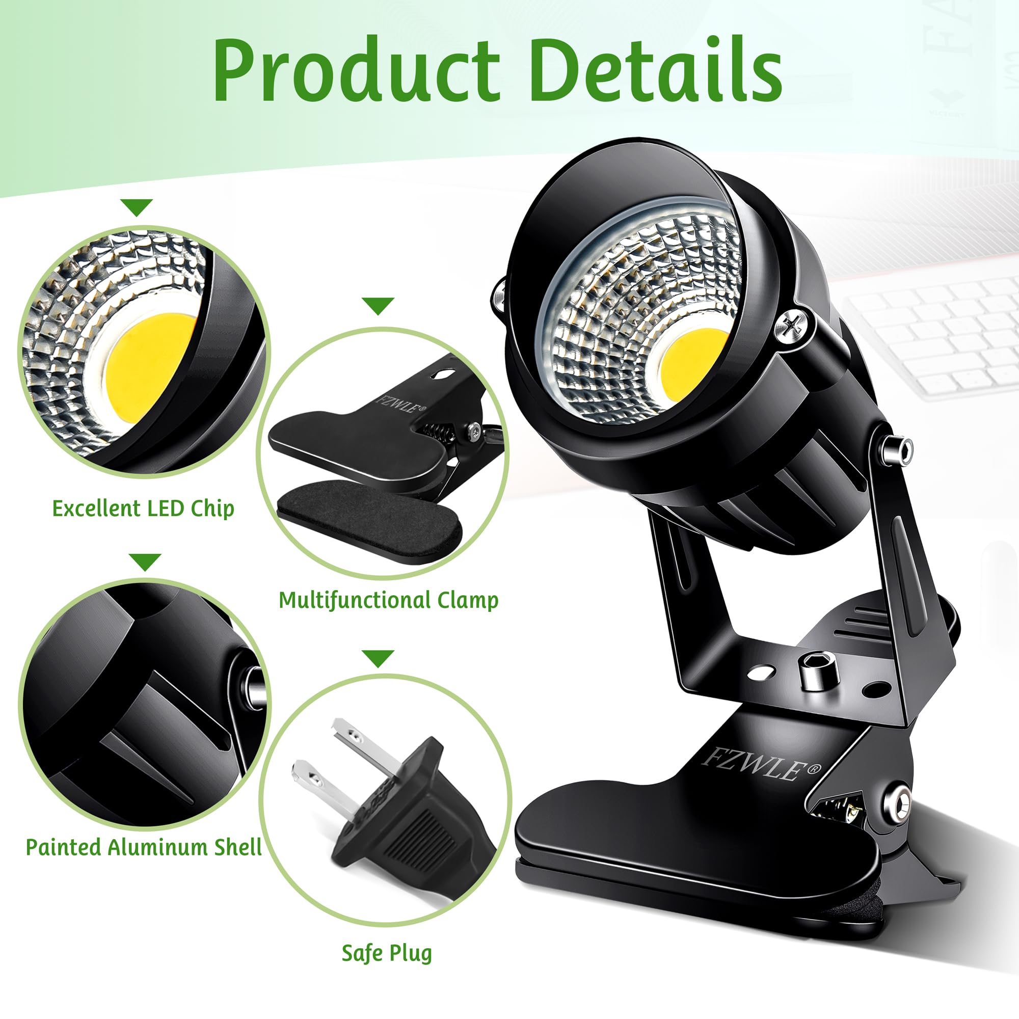 FZWLE clamp lights gently uplight a potted plant for depth.