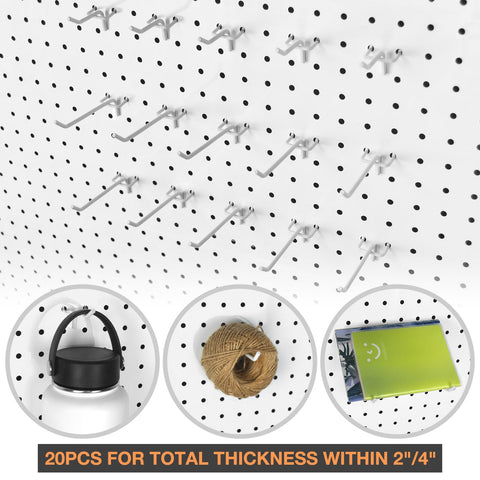G.CORE white finish hooks blend with bright pegboard setups.