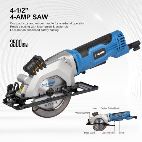 G LAXIA mini circular saw features a compact, portable design.