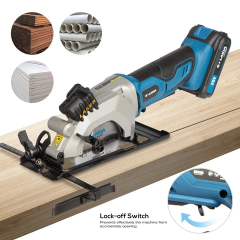 G LAXIA mini circular saw 90° and 45° cut depth guidance for bevel work.