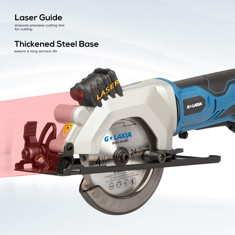 G LAXIA mini circular saw ergonomic handle for comfortable one-handed use.