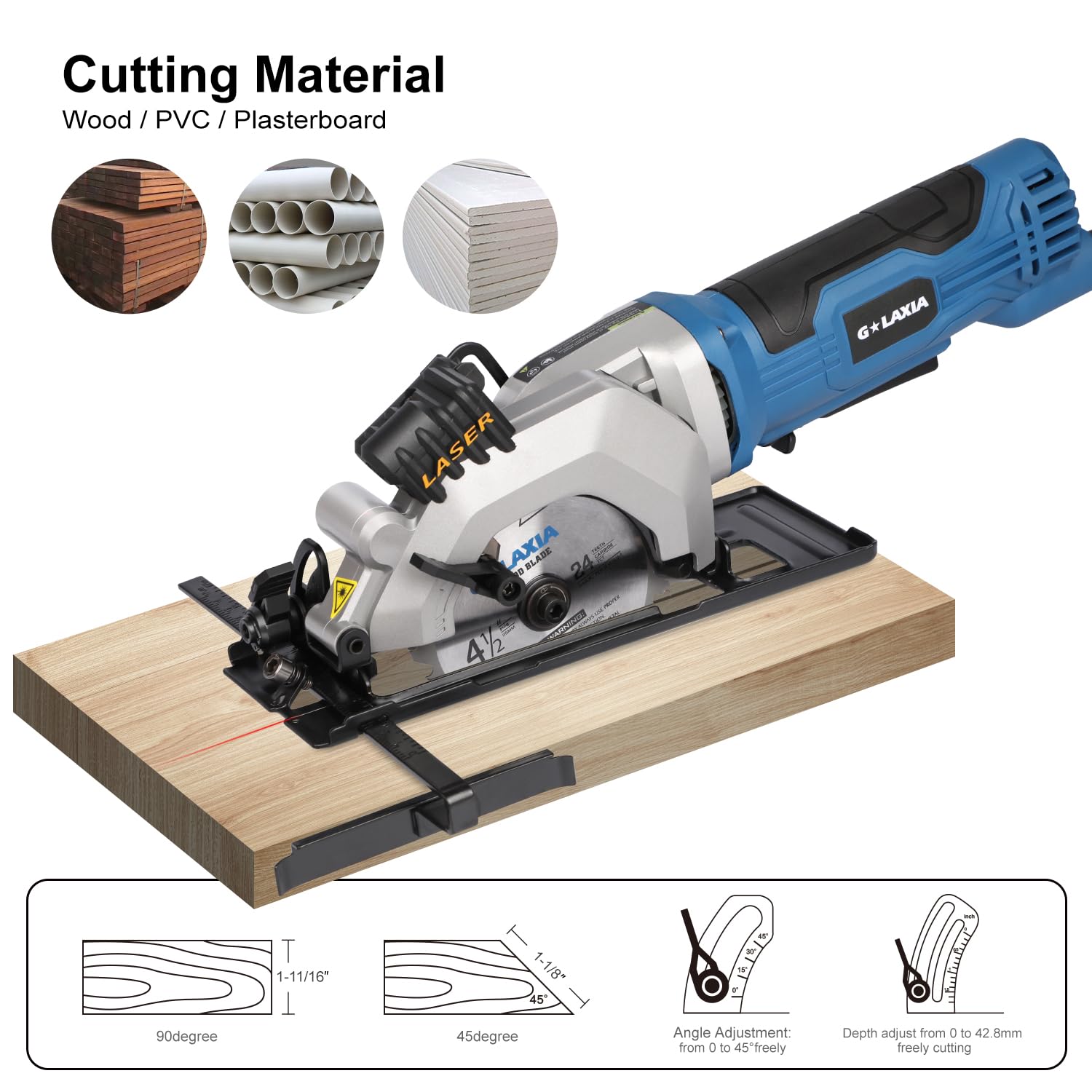 G LAXIA mini circular saw in use on a plywood panel.