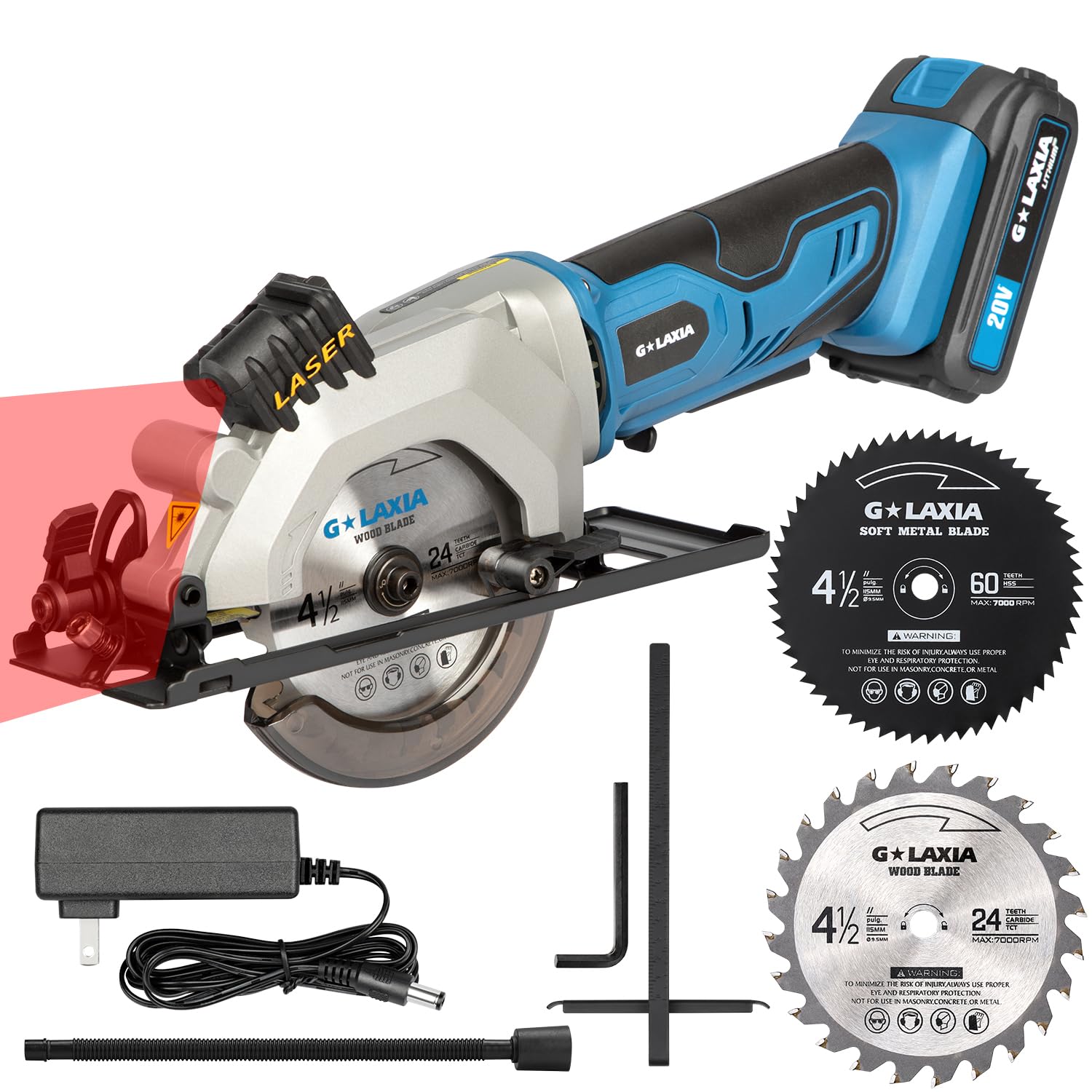 G LAXIA mini circular saw with laser guide for precise straight cuts.