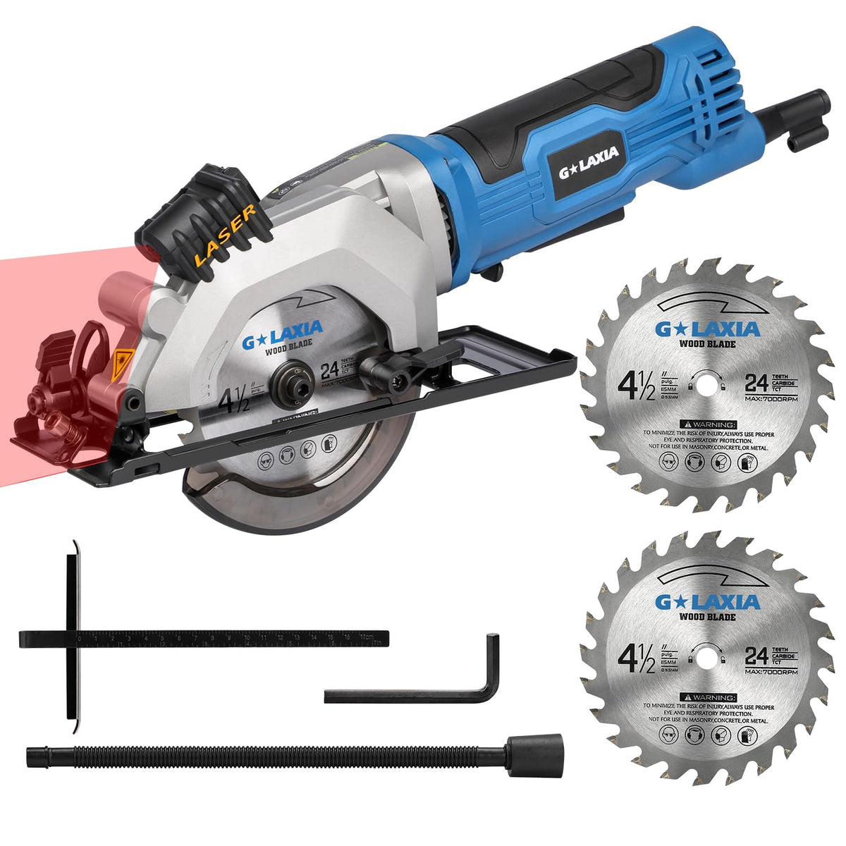 G LAXIA mini circular saw with laser guide enables precise straight cuts.