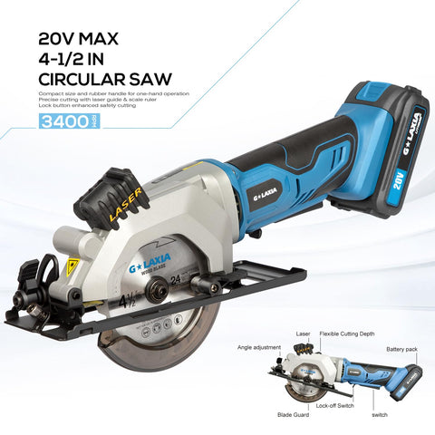 G LAXIA mini circular saw with rip guide for accurate measurements.