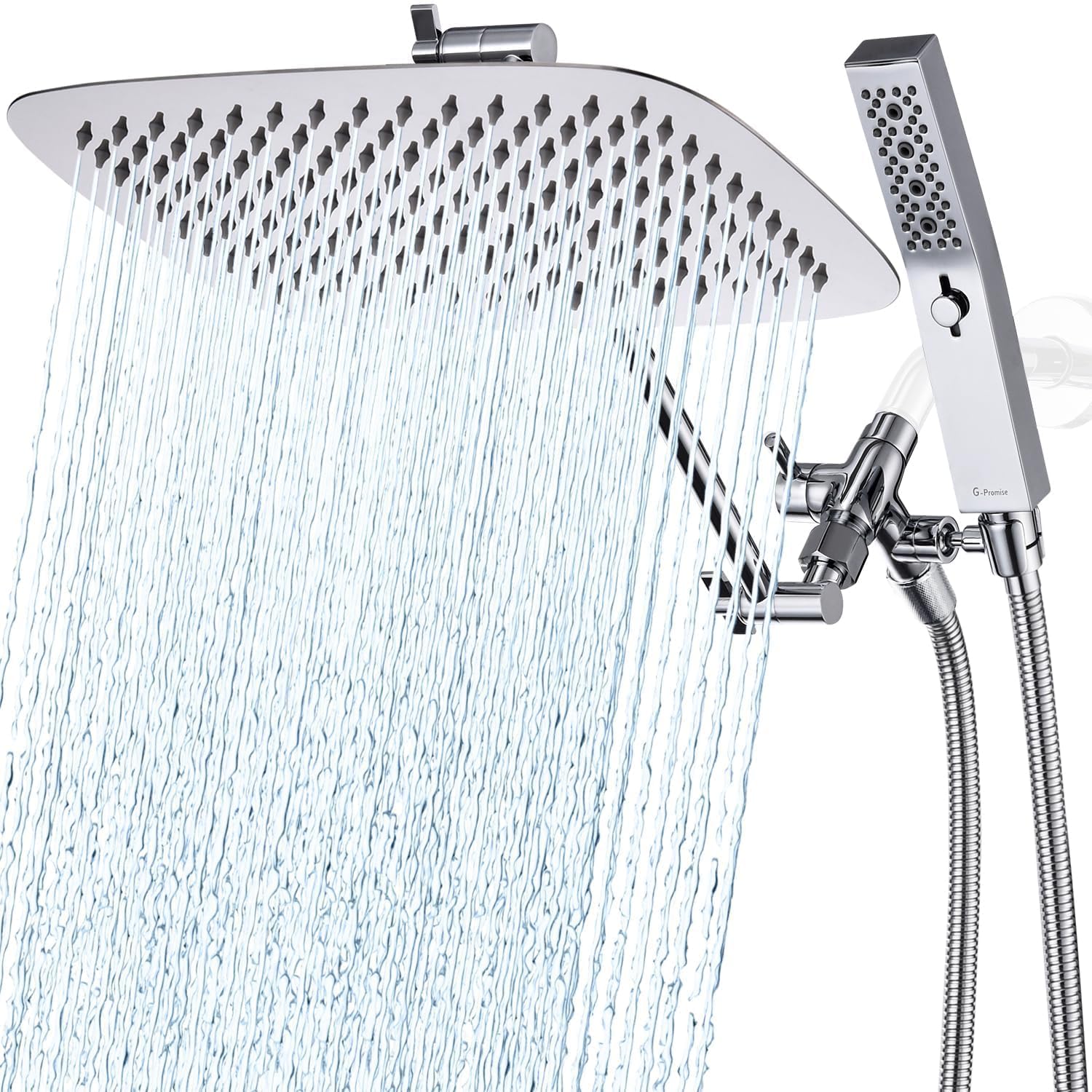 G-Promise 12-inch dual square rain head delivers wide coverage for full-body showers.