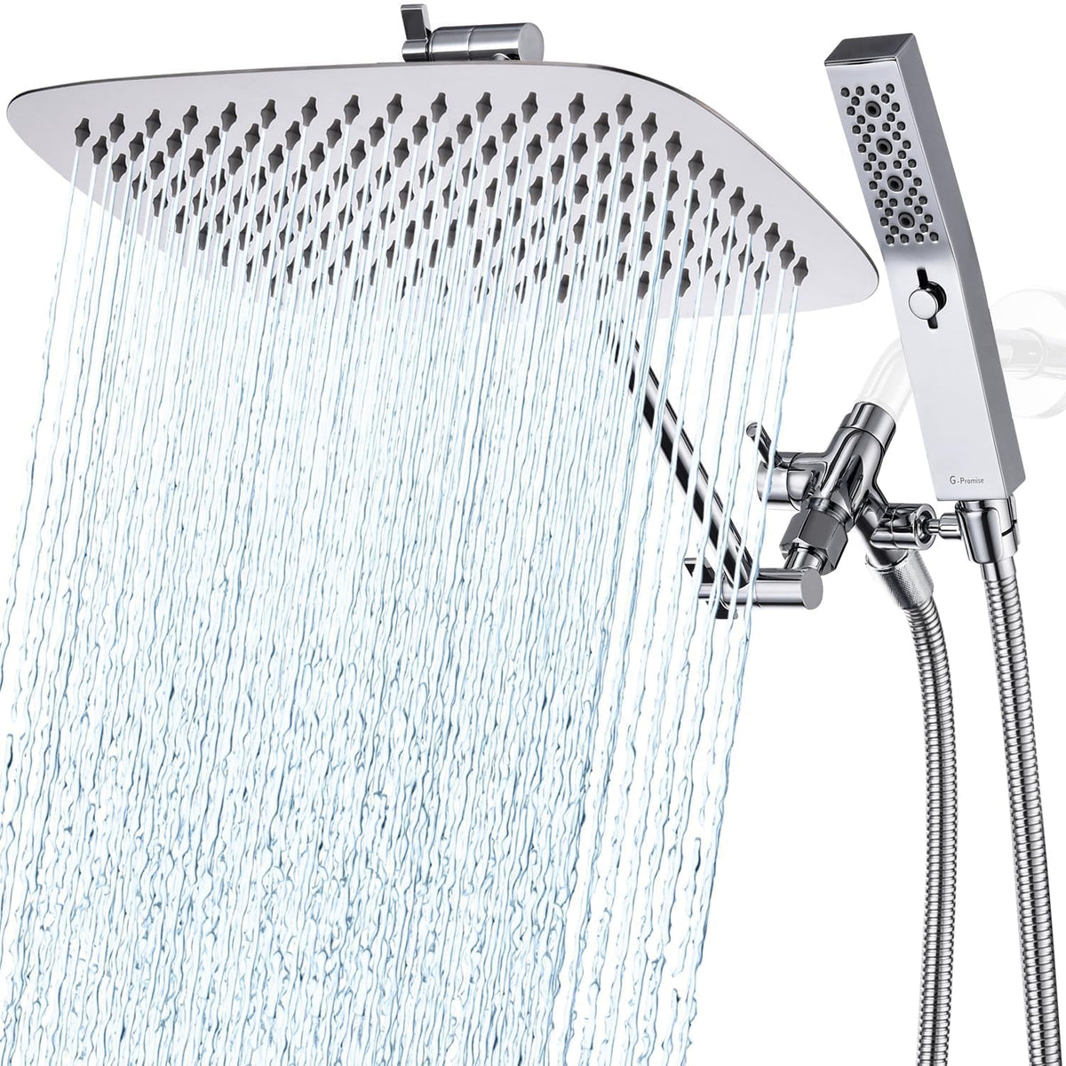 G-Promise 12-inch dual square rain head delivers wide coverage for full-body showers.