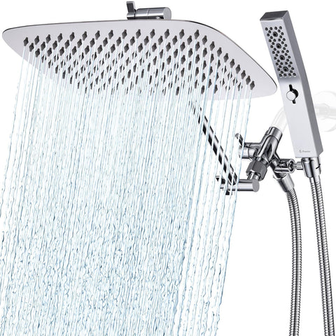 G-Promise 12-inch dual square rain head delivers wide coverage for full-body showers.