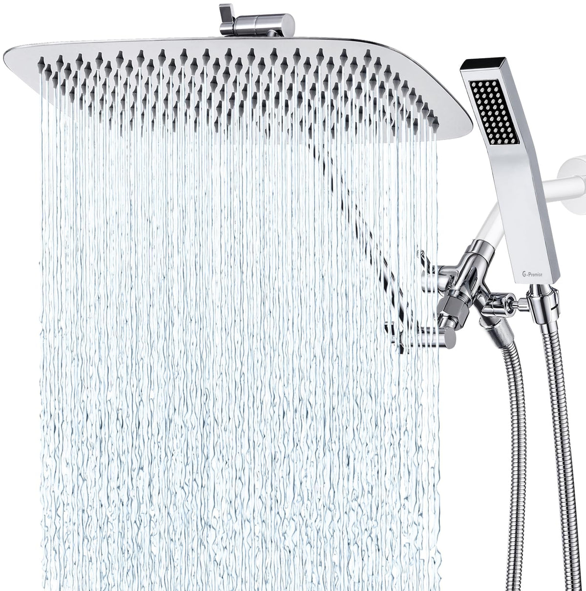 G-Promise all-metal 14-inch rainfall head with wide coverage for full-body rinsing.