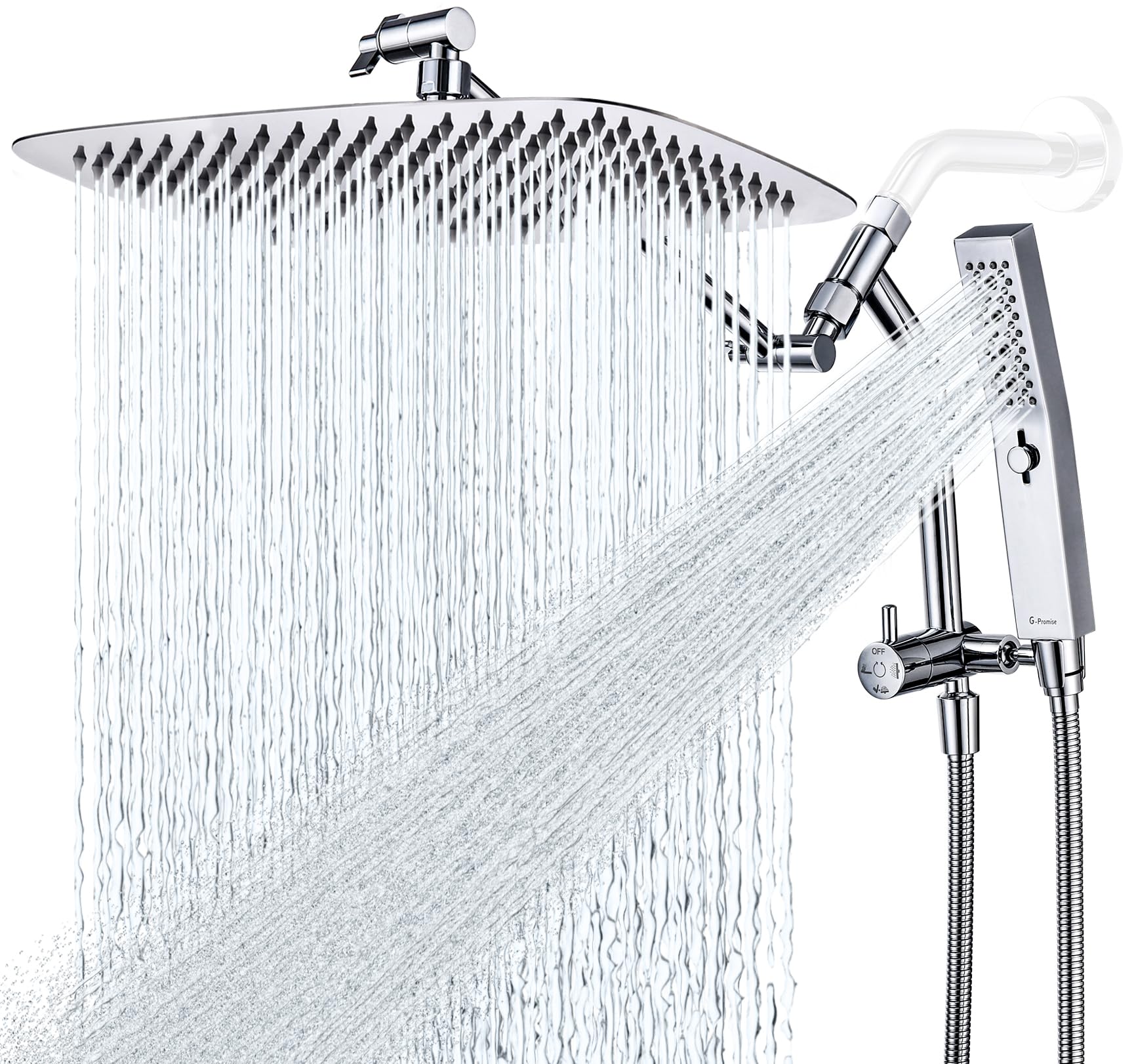 G-Promise all-metal 14-inch rainfall head delivers wide coverage for a spa-like shower.