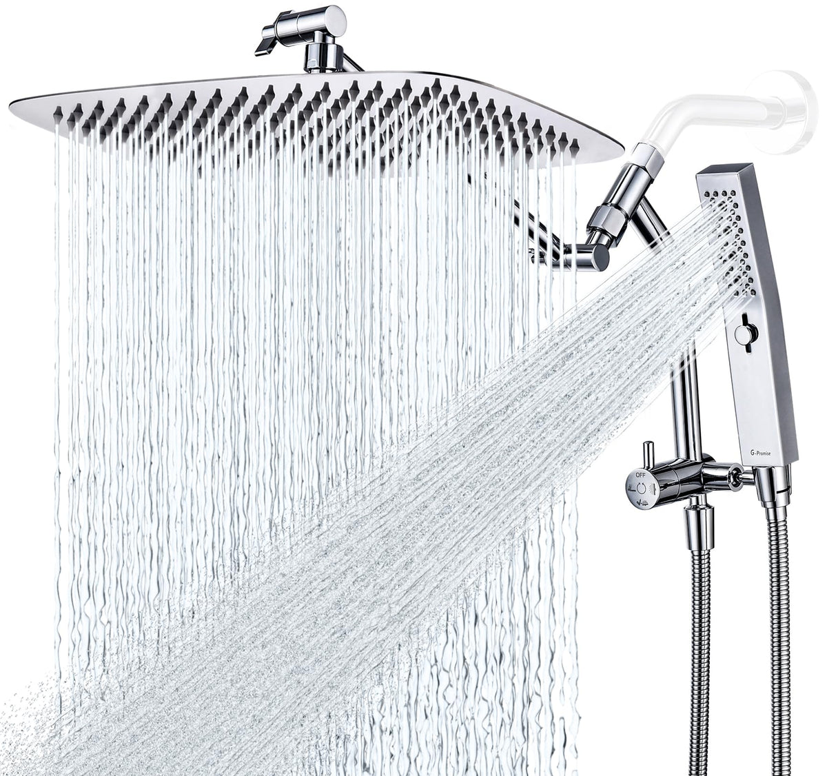 G-Promise all-metal 14-inch rainfall head delivers wide coverage for a spa-like shower.