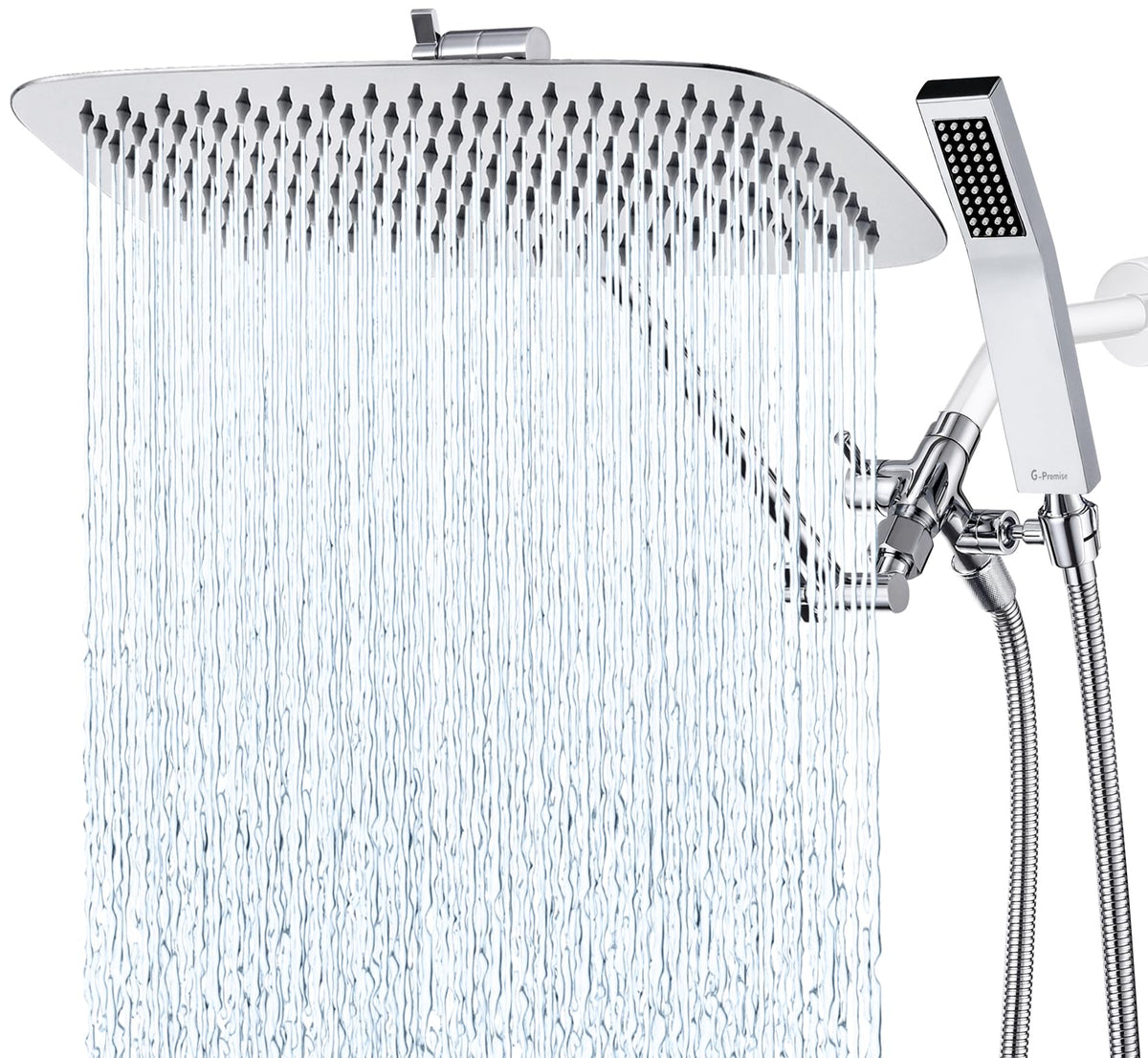 G-Promise all-metal 16-inch dual shower head with handheld spray for broad coverage.