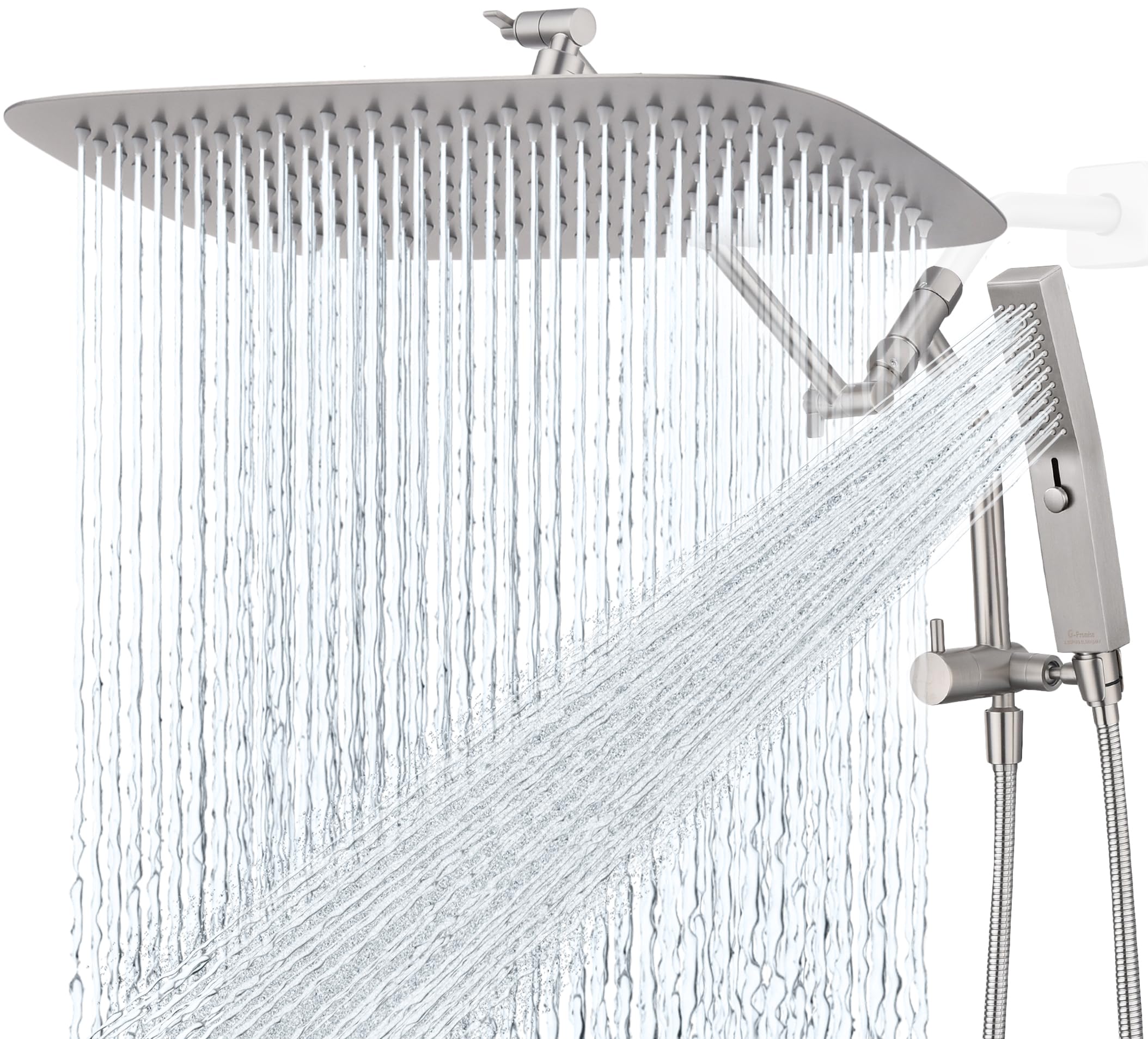 G-Promise all-metal 16-inch rainhead delivers wide coverage for a spa-like shower.