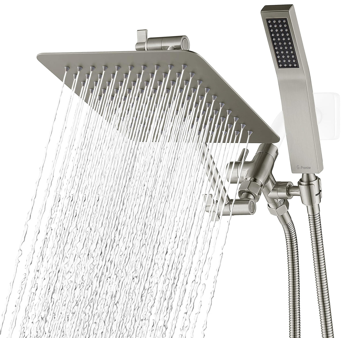 G-Promise all-metal 8-inch dual square shower head delivers wide rainfall coverage