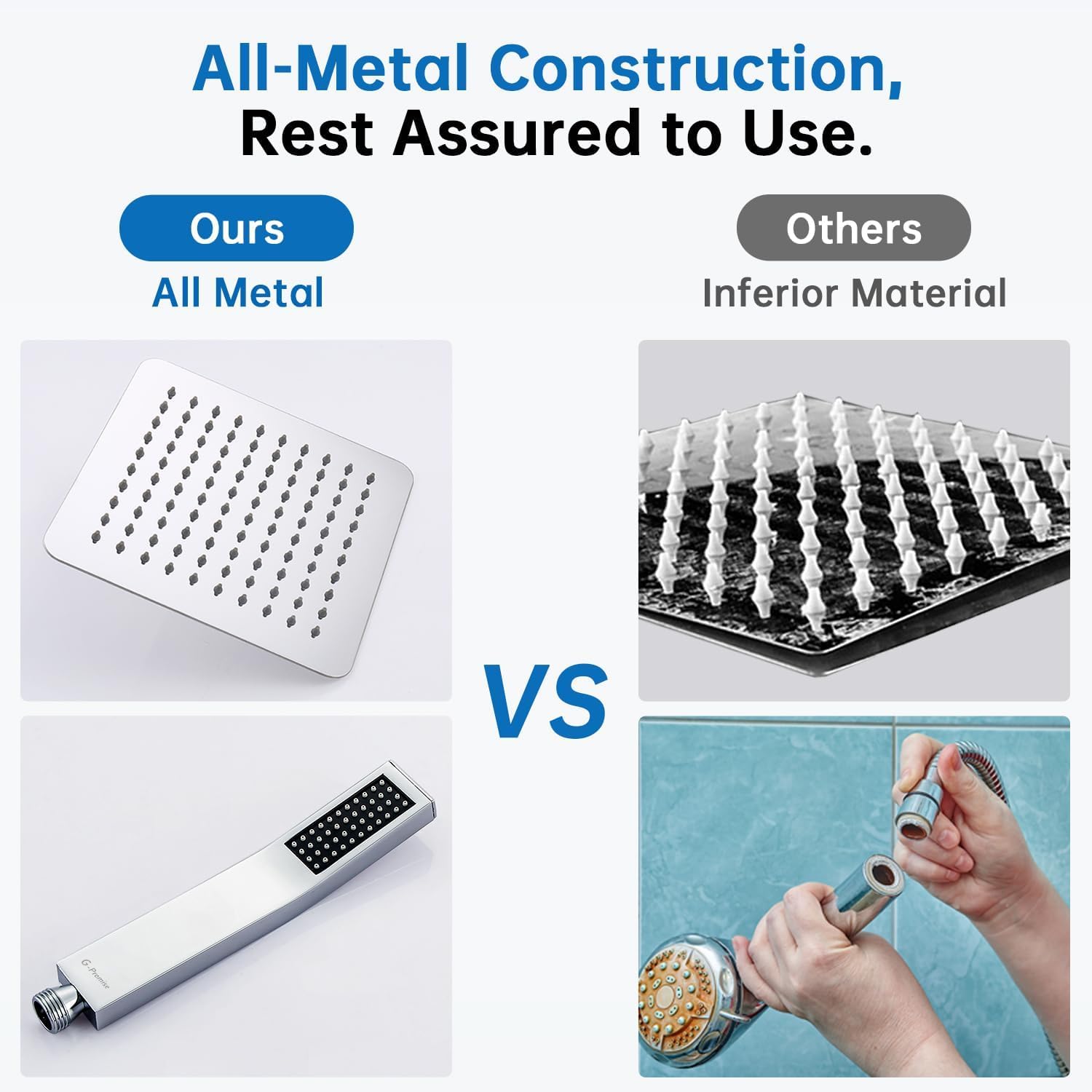 G-Promise all-metal components ensure durable, long-lasting shower performance