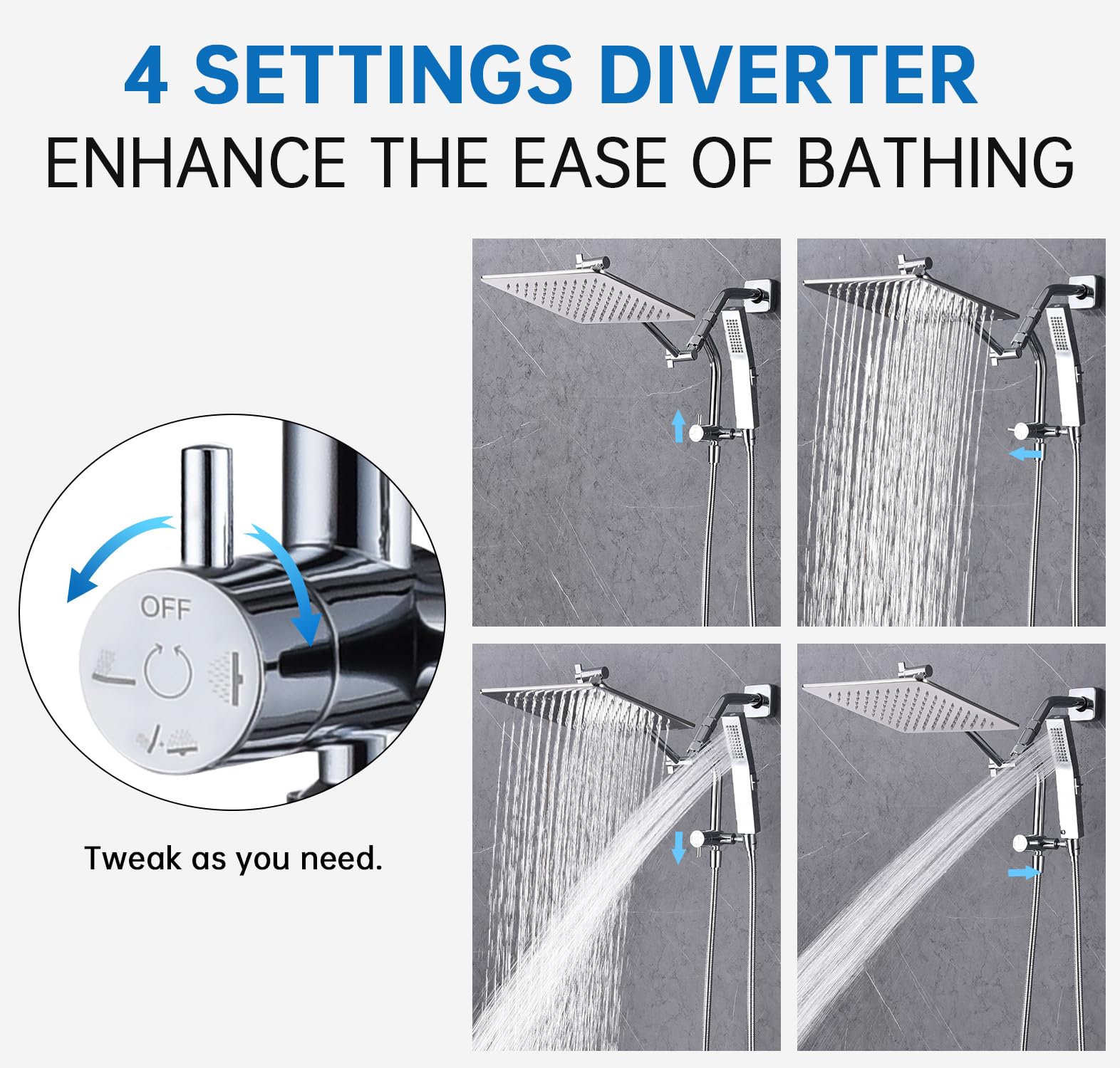G-Promise chrome four-settings control highlights flexible shower options.