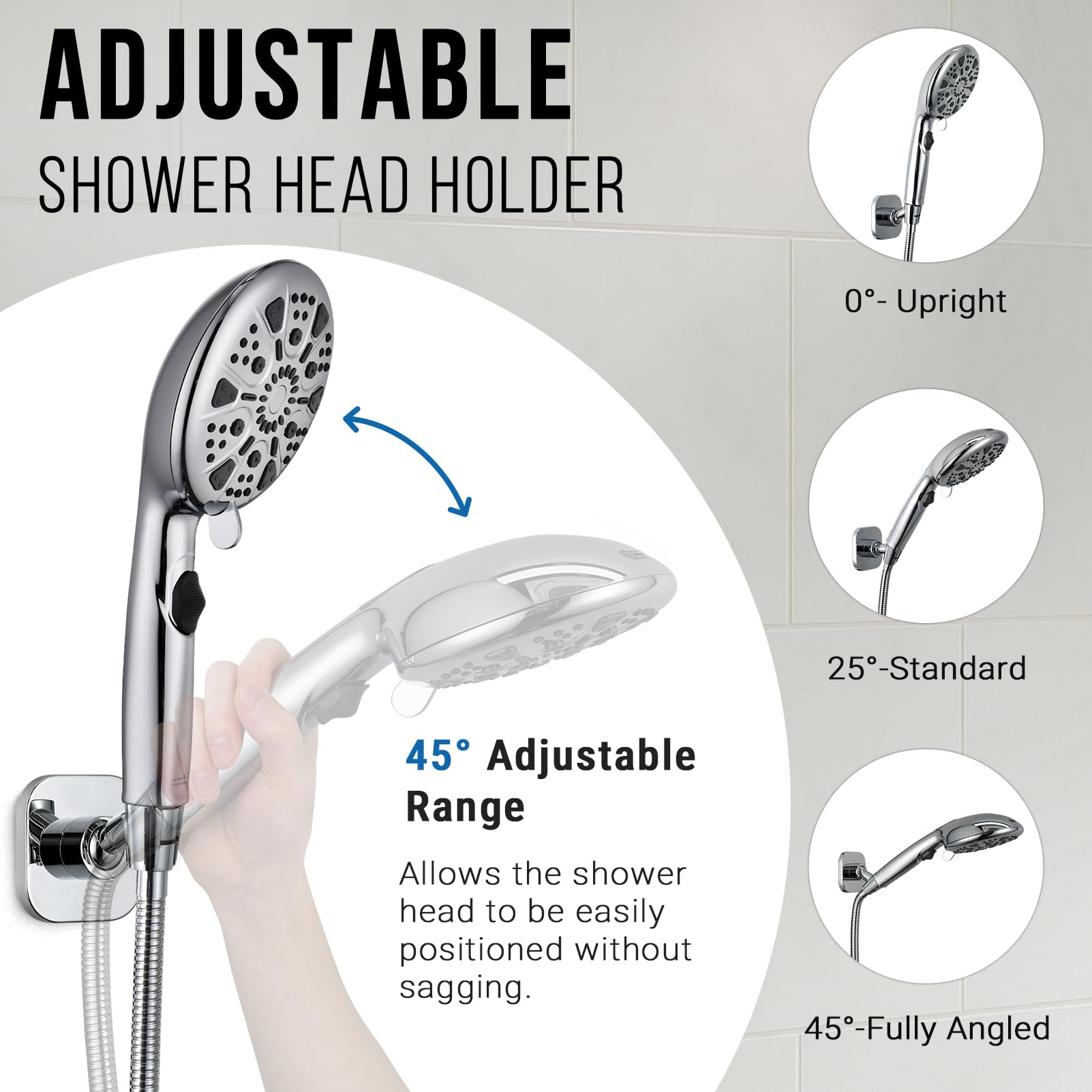 G-Promise 360° rotation with 45° tilt for versatile shower use.