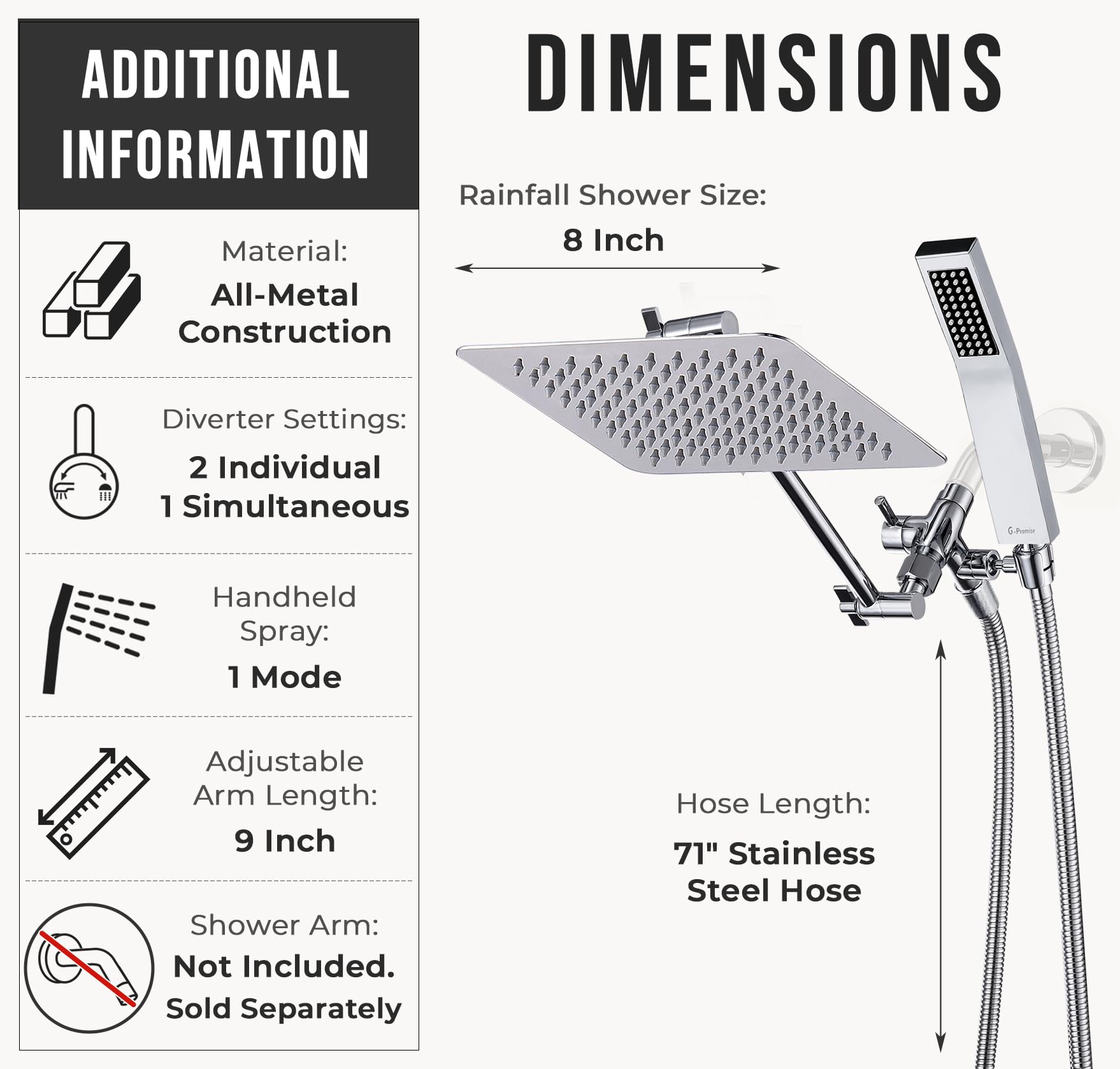 G-Promise 71-inch hose provides flexible showering and cleaning reach.