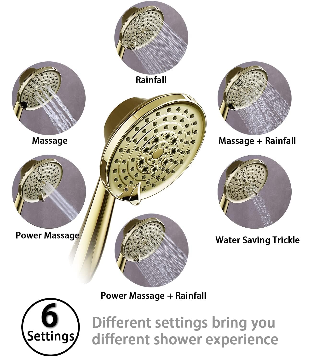 G-Promise six-setting shower head to customize water flow and pattern.