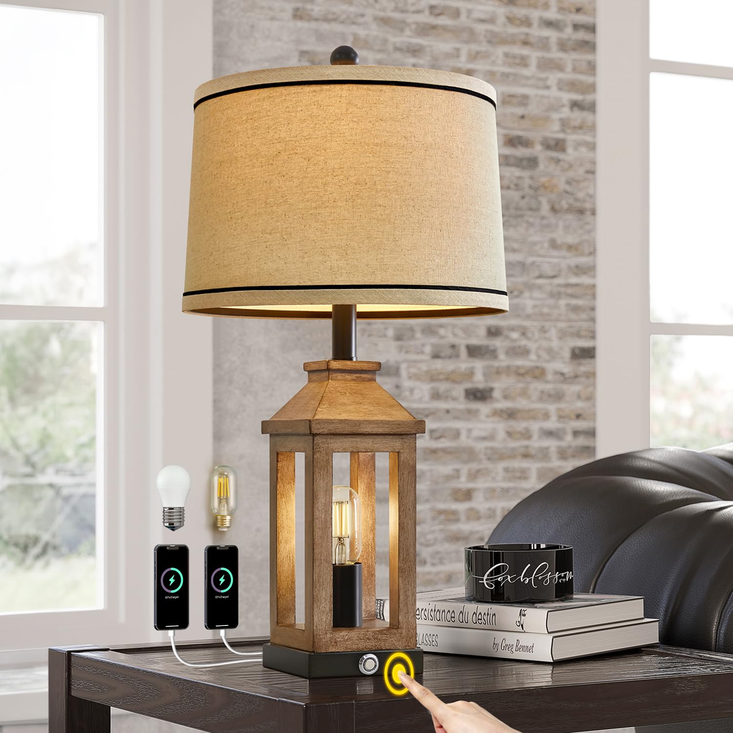 G-SAFAVA farmhouse lamp with brown base adds warm living room glow