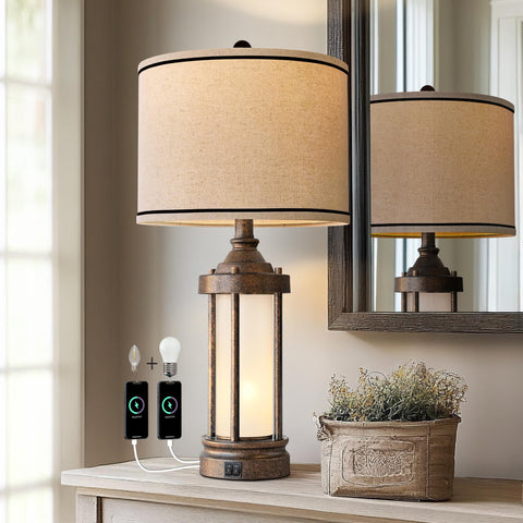 G-SAFAVA table lamp with USB ports keeps devices charged on nightstands or desks.