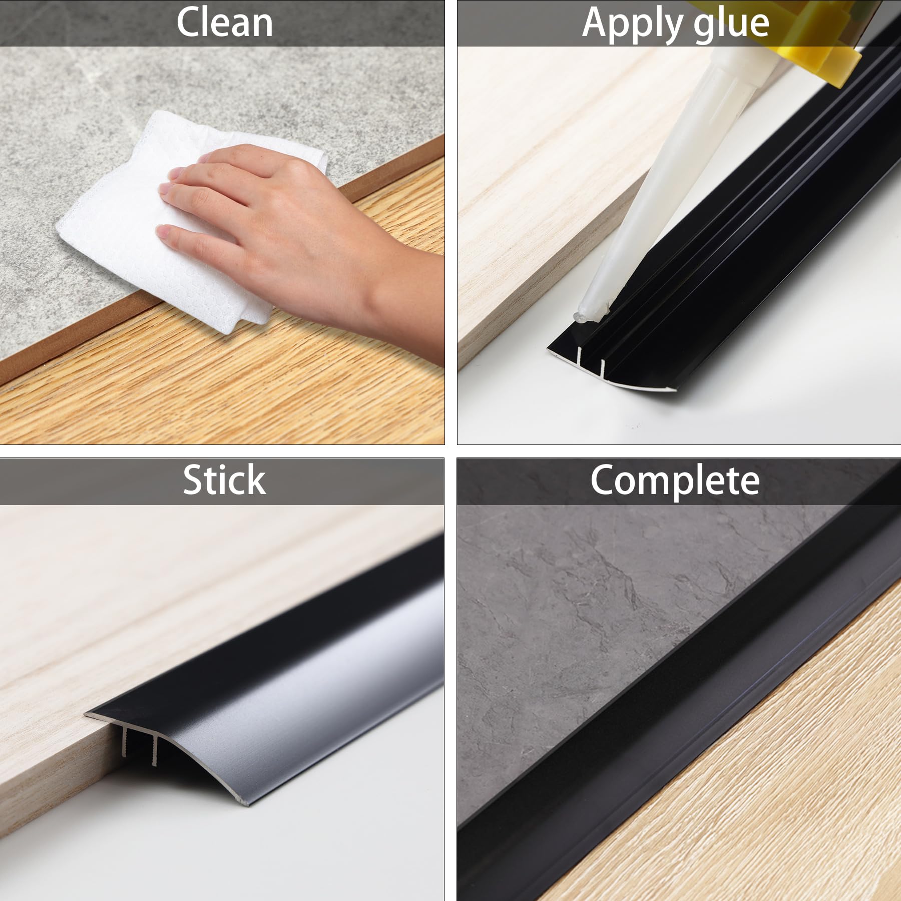 Gaahing threshold strip matte black color blends with modern floors.