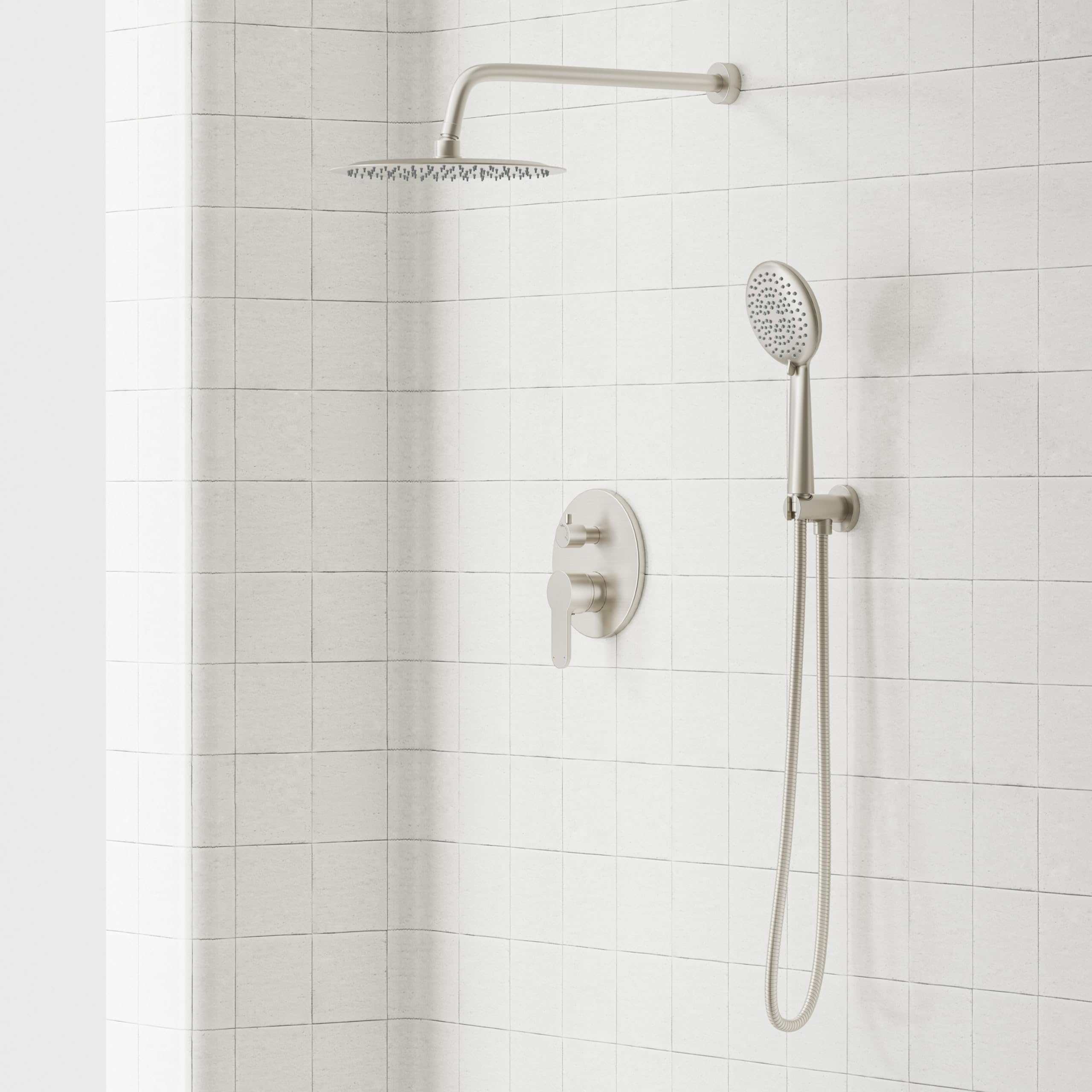 Gabrylly handheld shower in brushed nickel with versatile spray options.