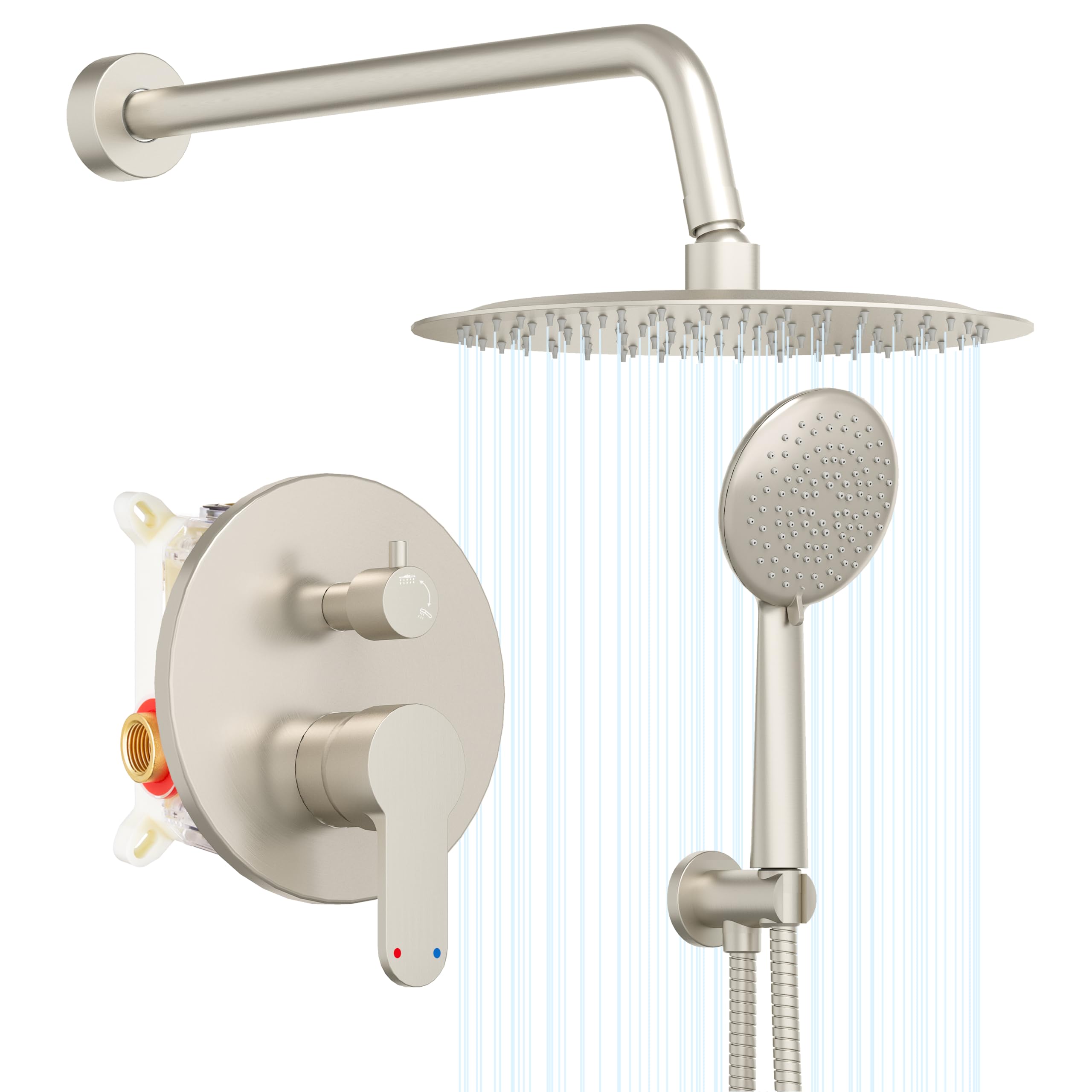 Gabrylly 10-inch rain shower head delivers wide spa-like coverage in brushed nickel.