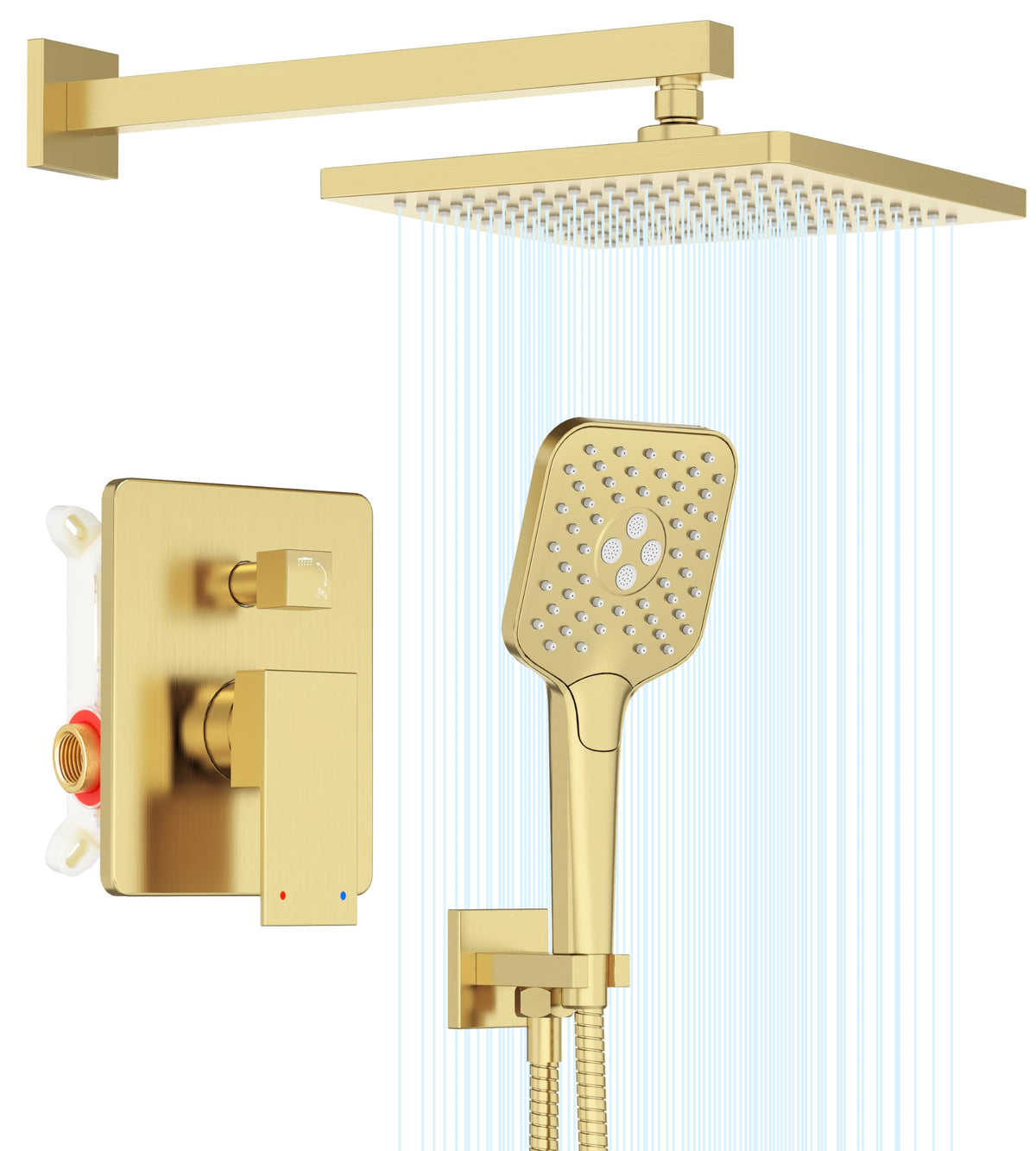 Gabrylly gold shower system with 10-inch rain head for broad coverage and spa-like rainfall