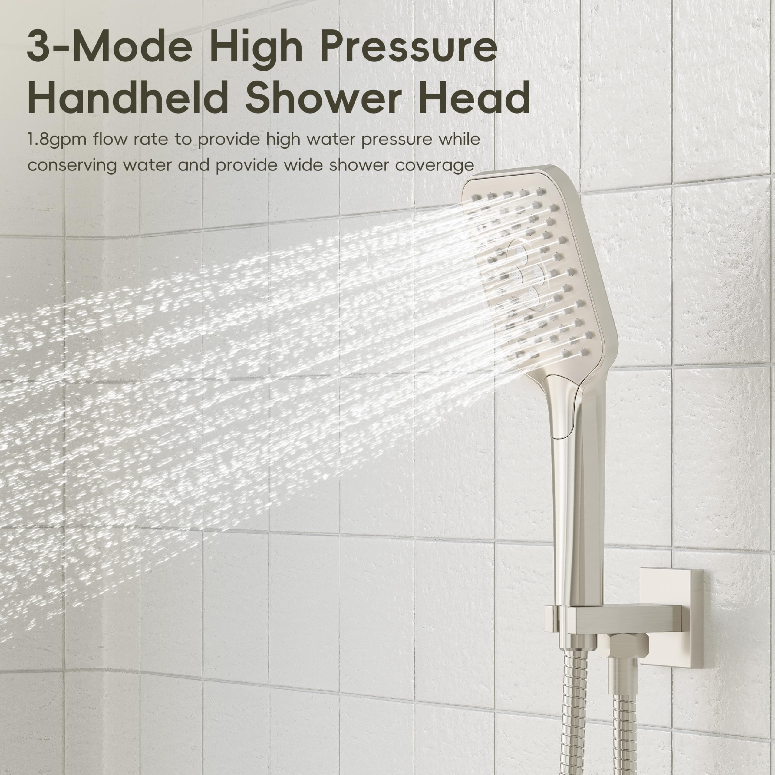 Gabrylly wall arm supports a wide rainfall shower for comfort