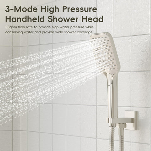 Gabrylly wall arm supports a wide rainfall shower for comfort