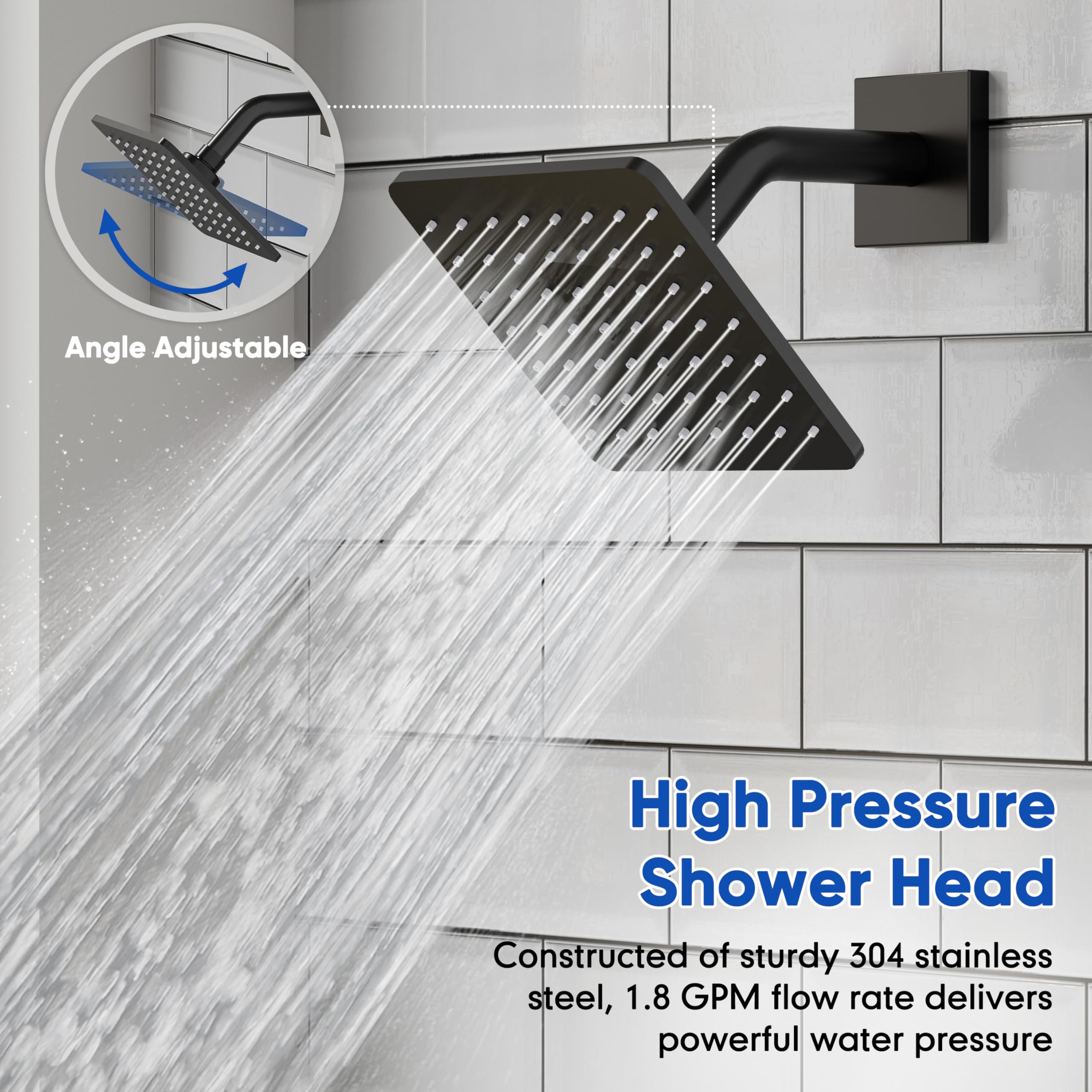 Gabrylly six-inch rain shower head delivers a powerful spray under low pressure.