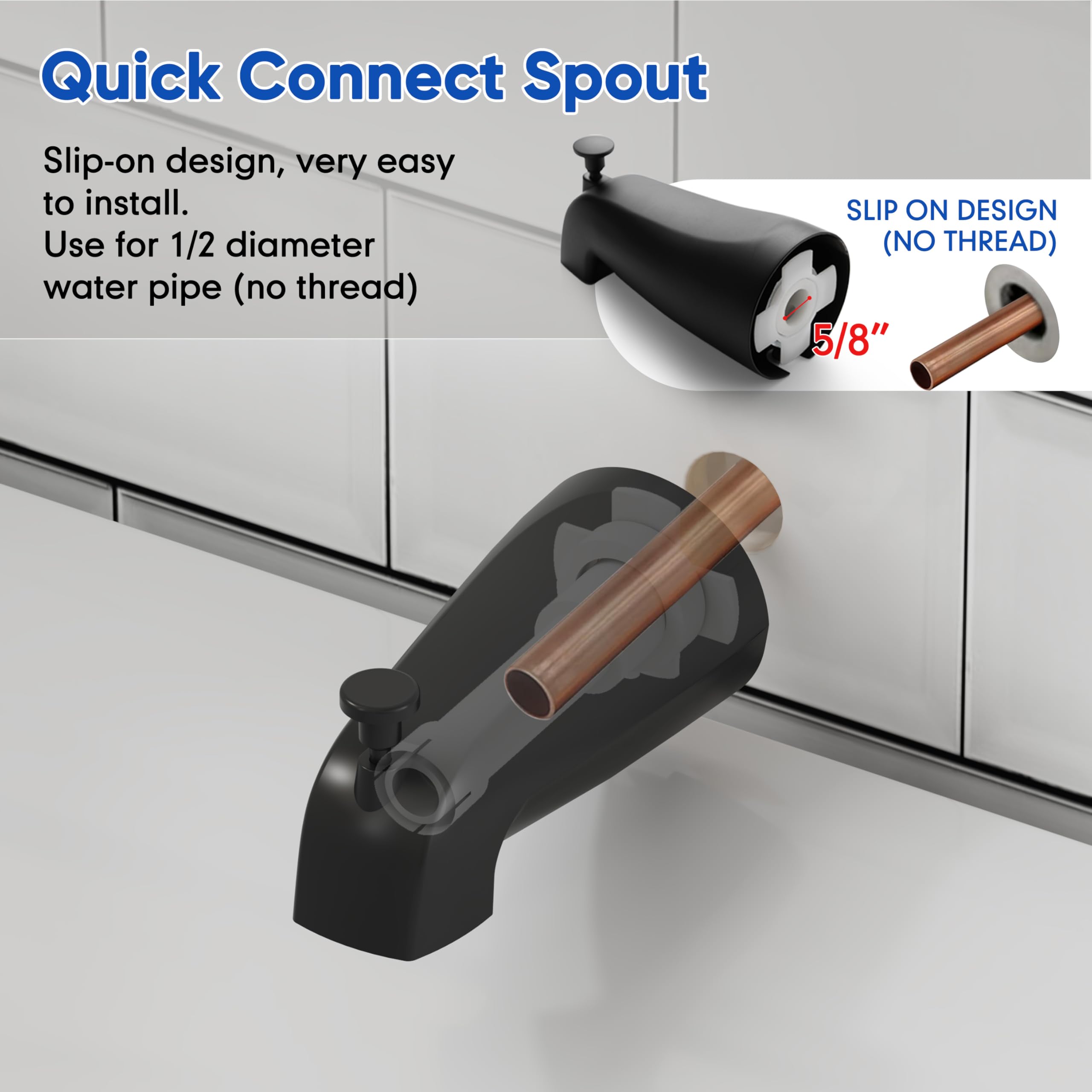 Gabrylly slip-fit tub spout fits copper pipes for quick, leak-free upgrades.