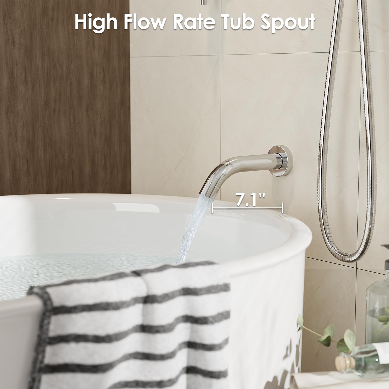 Gabrylly stainless steel tub spout enables quick filling and temperature stability.