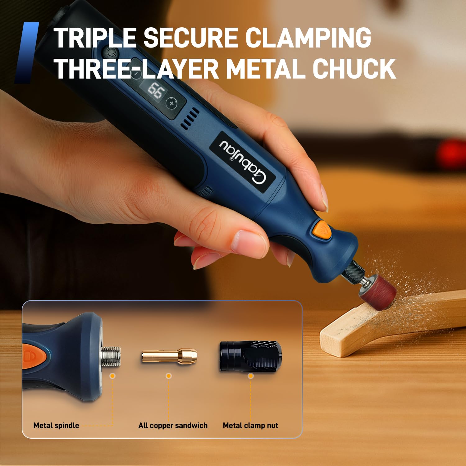 Gabujau cordless rotary tool with built-in LED light for better visibility.