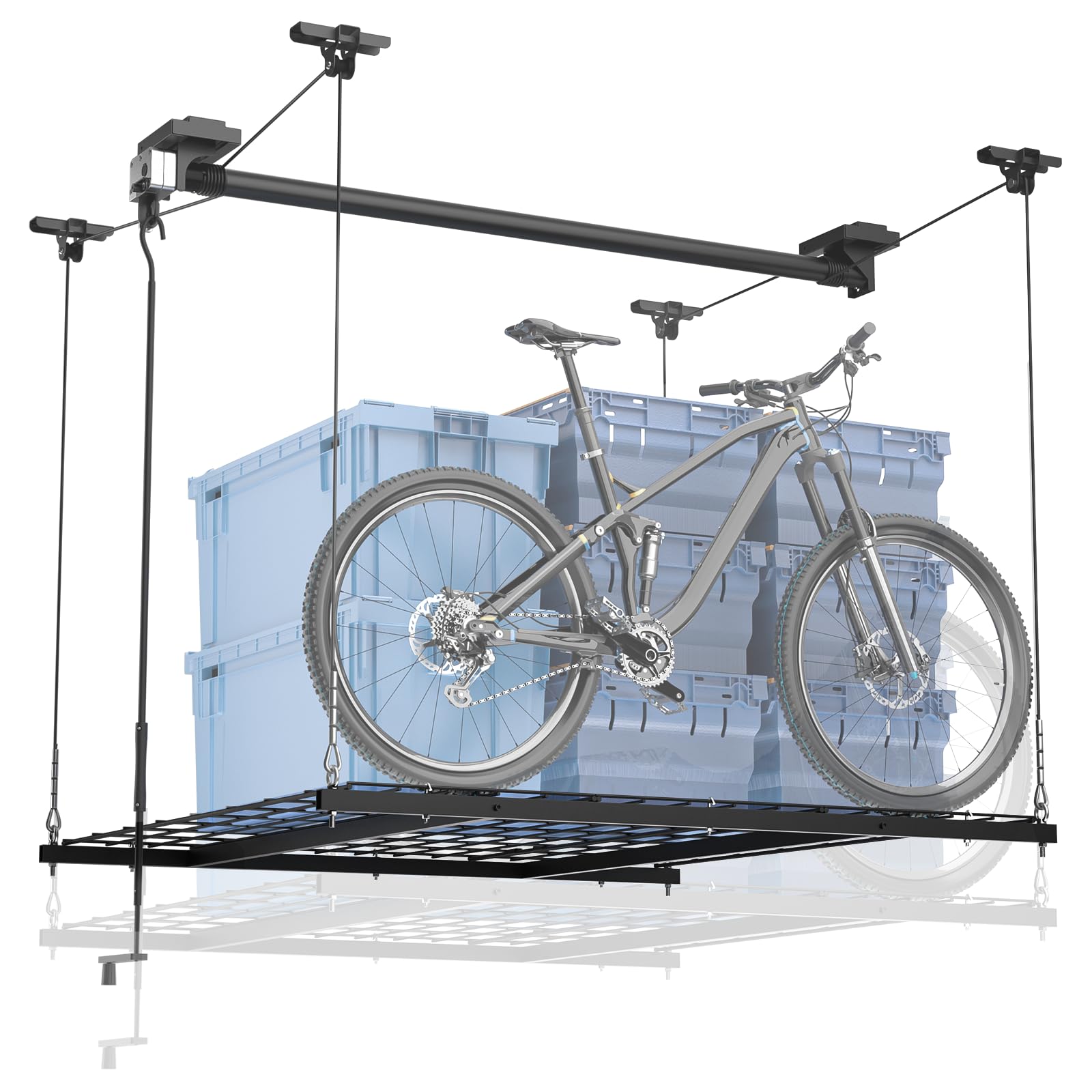 GADFISH garage ceiling lift in use, 350-lb capacity for heavy storage.
