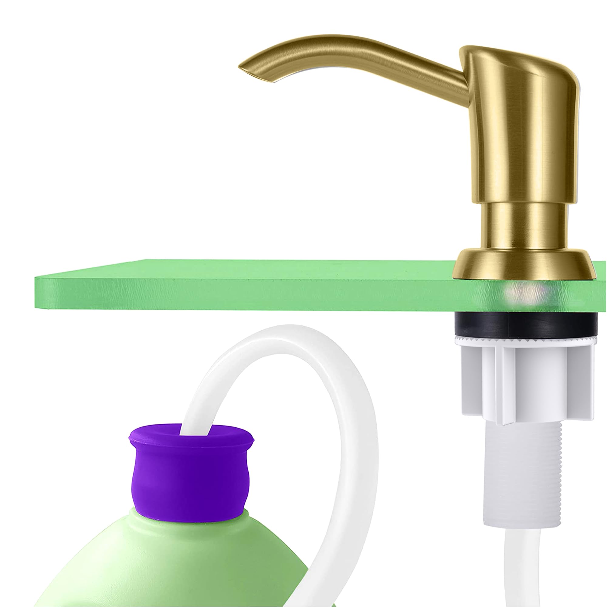 GAGALIFE built-in counter soap dispenser with brushed gold pump for convenient, mess-free kitchen refills.
