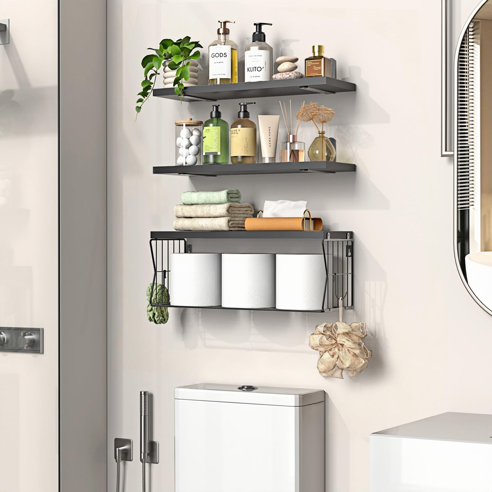 Gailia black matte finish shelves on a modern bathroom wall with natural wood texture.