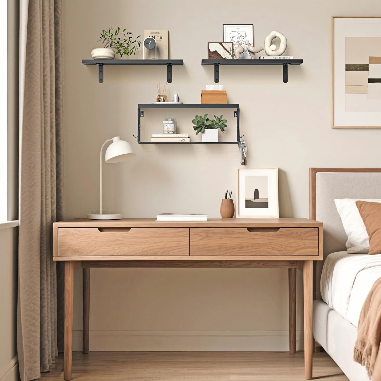 Gailia modern black wood shelves complement minimalist bathroom decor.