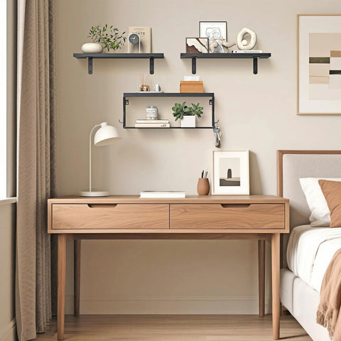 Gailia modern black wood shelves complement minimalist bathroom decor.